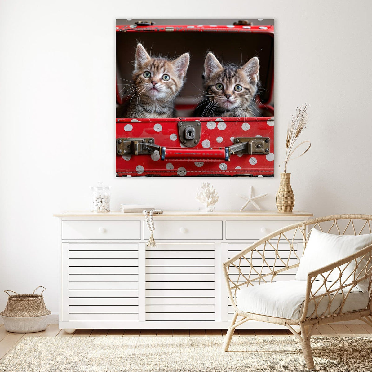 Glasbild Katzen im Koffer an der Wand – Zwei getigerte Kätzchen schauen aus einem roten Koffer mit weißen Punkten