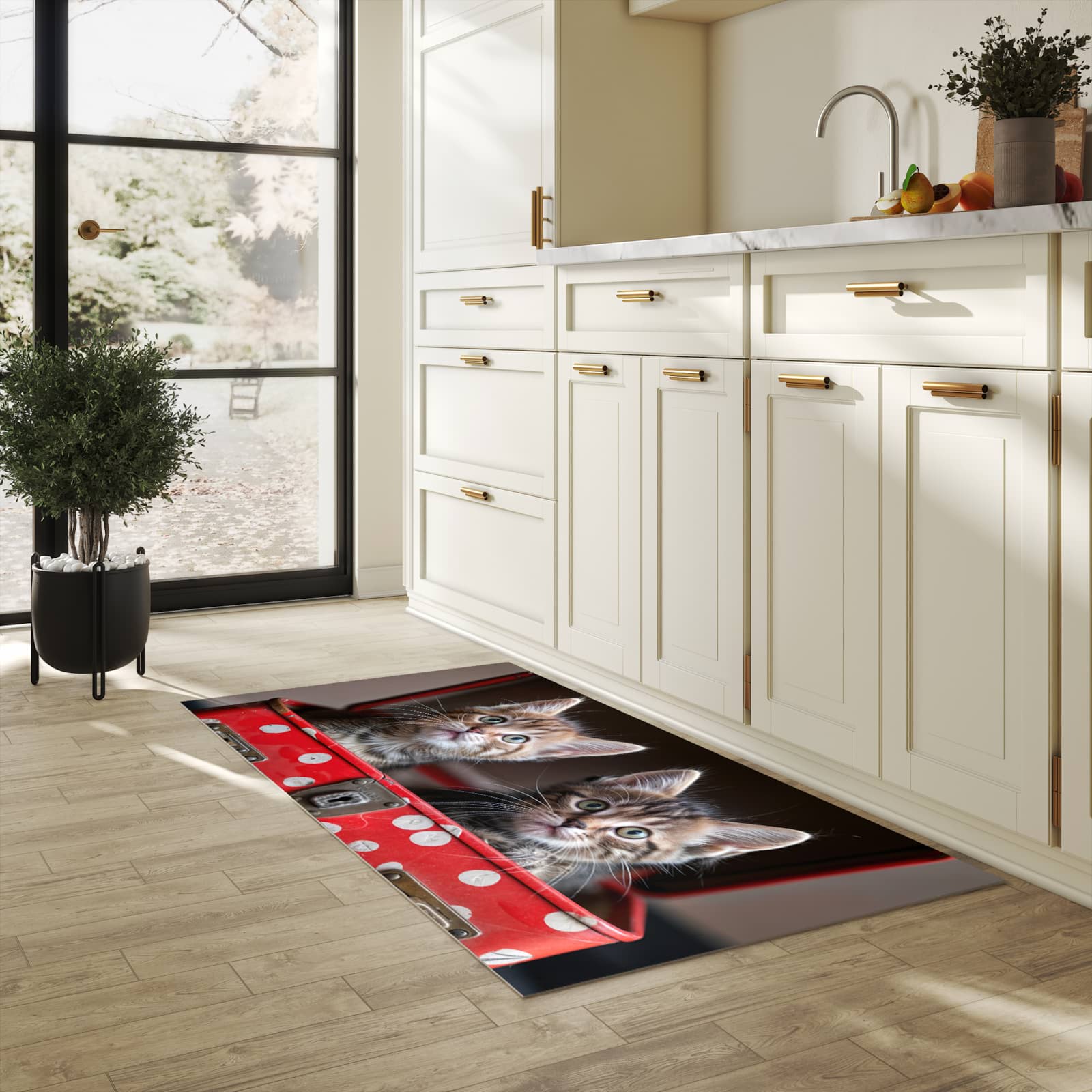 Bodenschonender Läufer für die Küche mit Motiv Katzen im Koffer in heller Küche