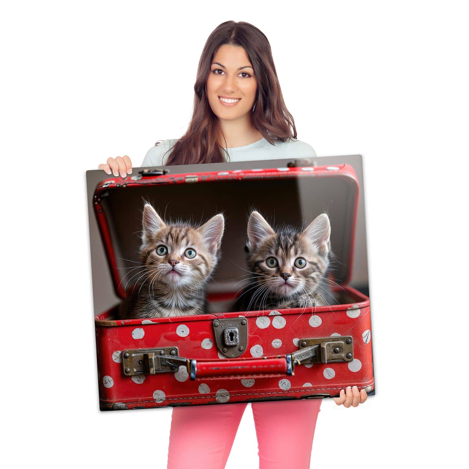 Herdabdeckplatte mit Katzen im Koffer-Motiv wird zur Größendarstellung gehalten