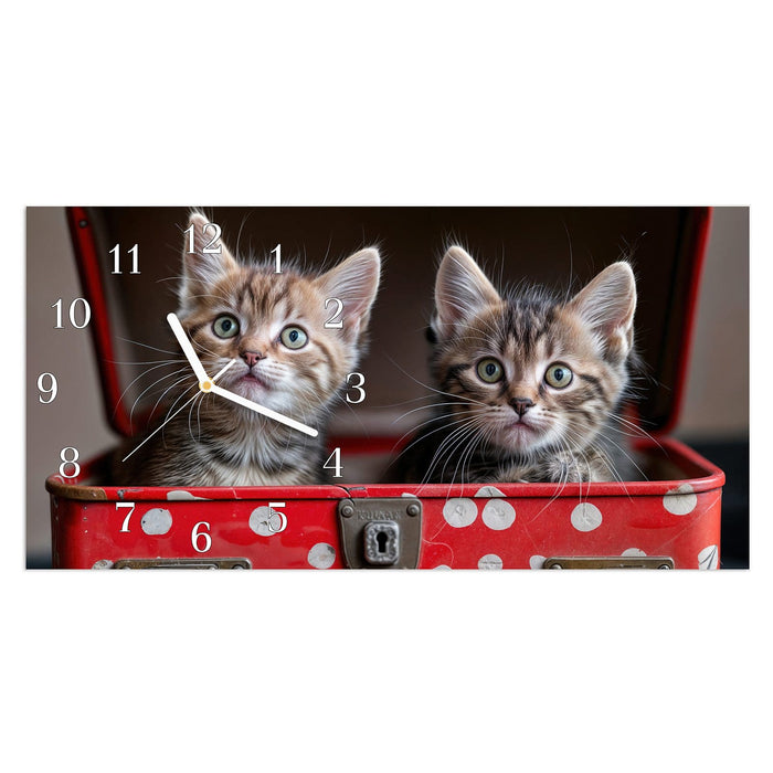 Wanduhr Katzen im Koffer aus Glas – Querformat 60 × 30 cm mit Ziffernblatt Klassisch
