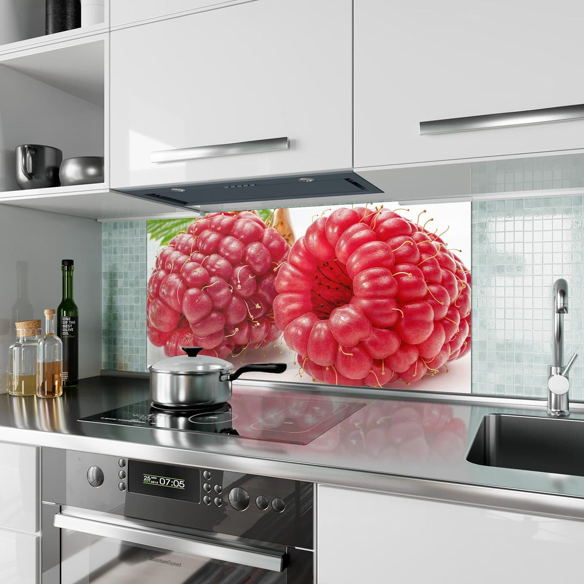Küchenrückwand aus Glas Surreale Himbeeren im Hochformat als Spritzschutz hinter dem Kochfeld, über dem Fliesenspiegel montiert