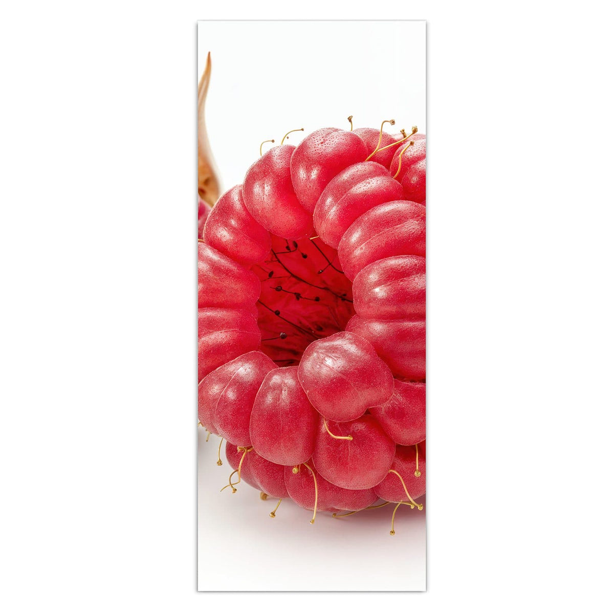 Wandbild - Surreale Himbeeren - Hochformat – Zwei glasige Himbeeren auf Weiß