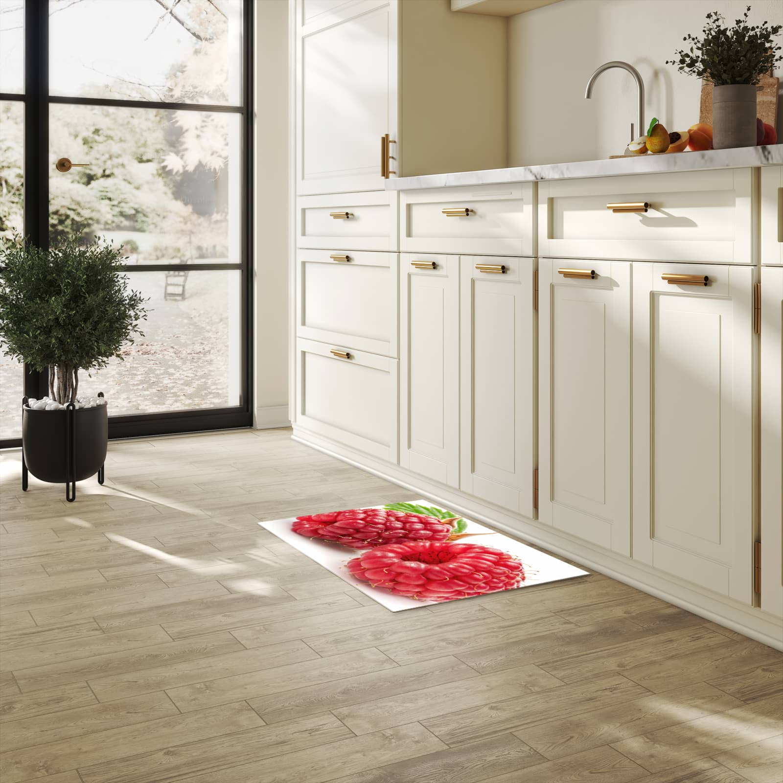 Fleckenresistenter rutschfester Küchenläufer mit Motiv Himbeerenblatt in heller Küche