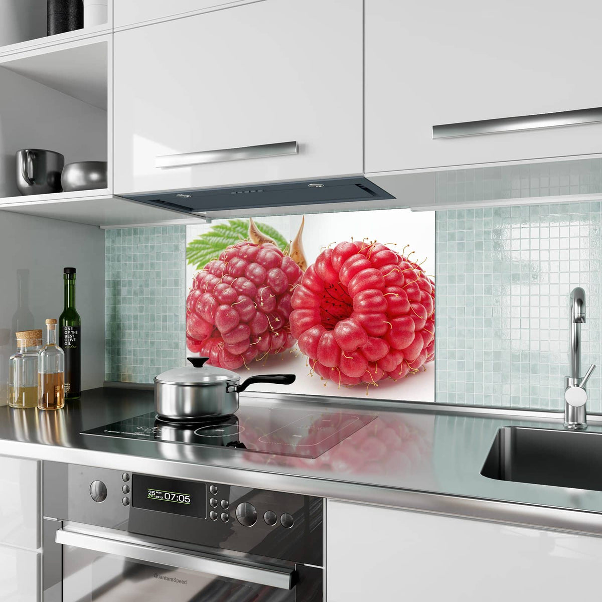 Küchenrückwand aus Glas Surreale Himbeeren im Hochformat als Spritzschutz hinter dem Kochfeld, über dem Fliesenspiegel montiert
