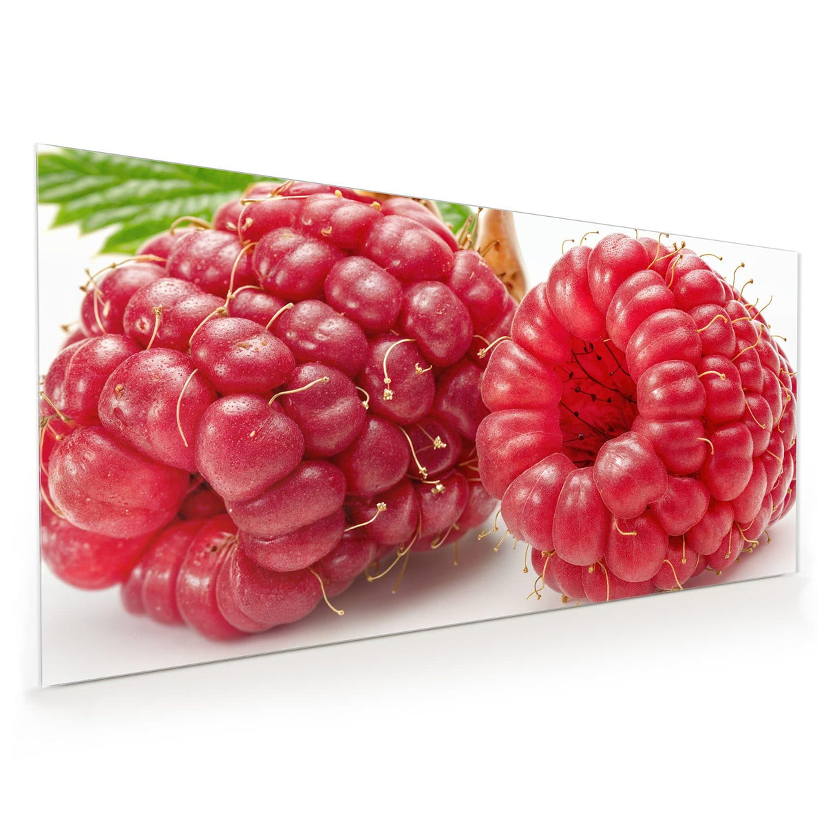 Küchenrückwand aus Glas im Hochformat mit Motiv Surreale Himbeeren: Zwei überdimensionale, glasig rote Himbeeren mit langen Griffeln