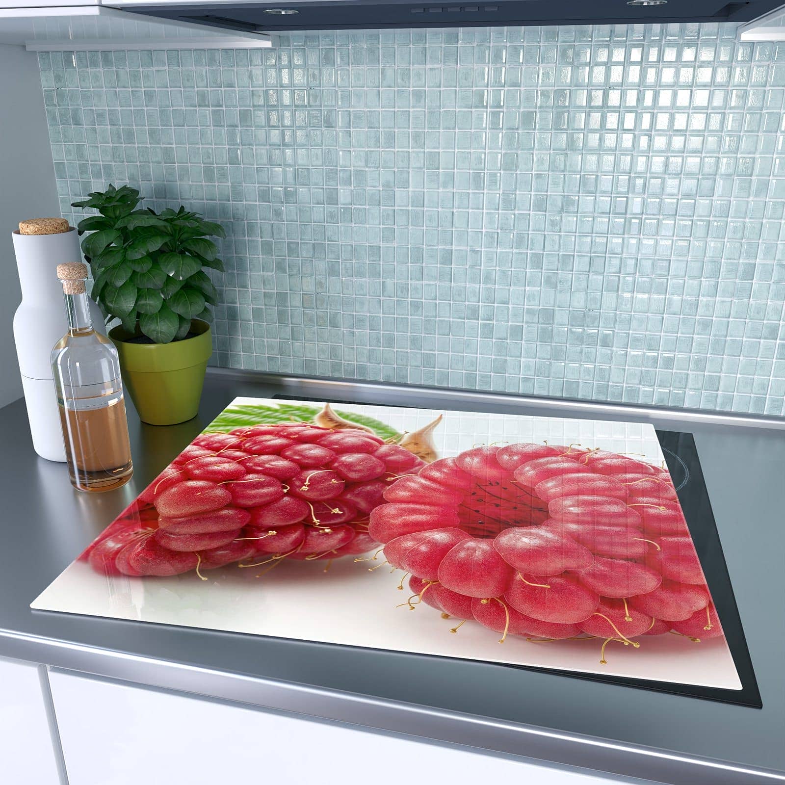 1-teilige Herdabdeckplatte aus Glas mit Himbeerenblatt-Motiv auf dem Ceranfeld