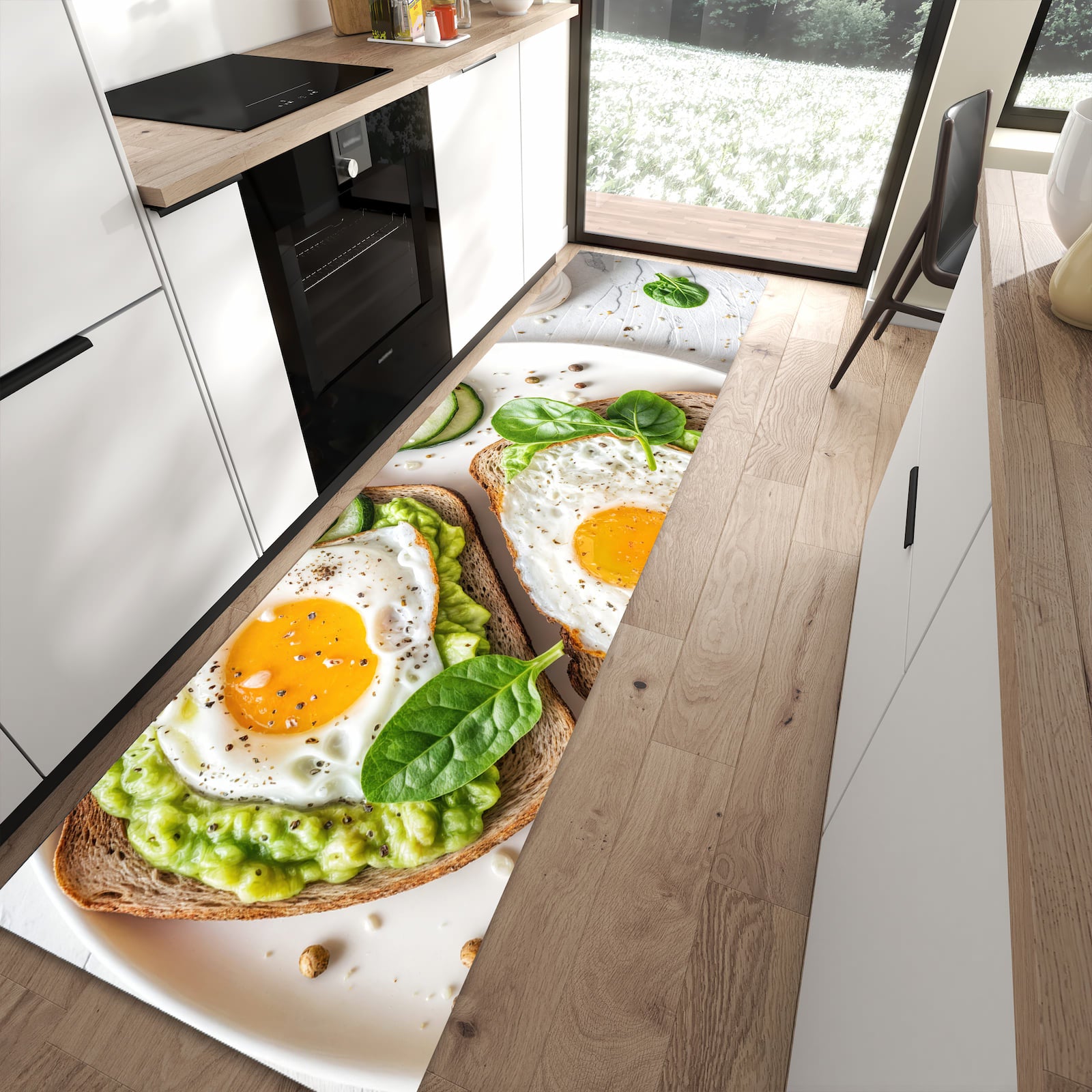 Bodenschonender Küchenläufer nach Maß mit Motiv Brot und Avocado in moderner Küche
