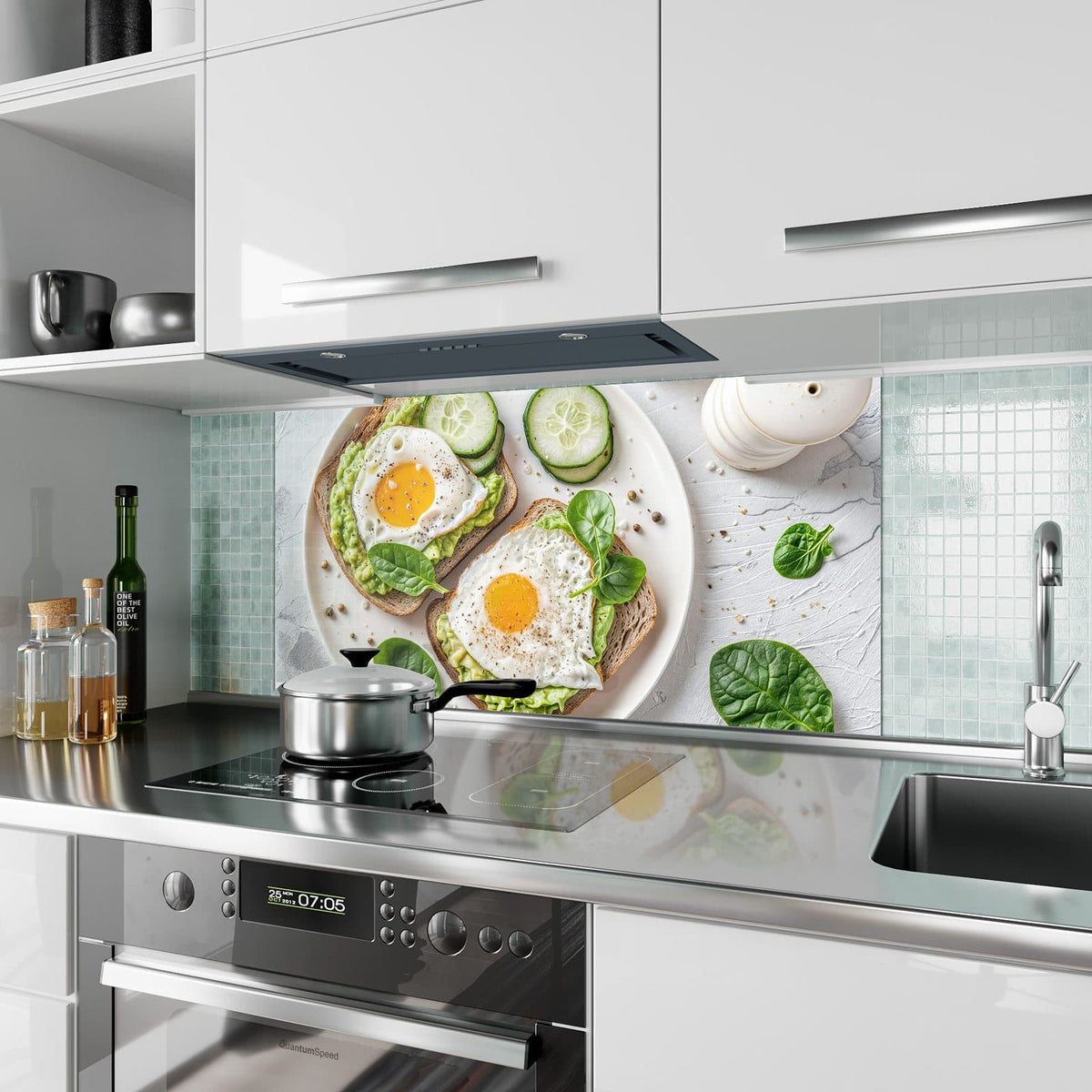 Küchenrückwand aus Glas Brot und Avocado im Hochformat als Spritzschutz hinter dem Kochfeld, über dem Fliesenspiegel montiert