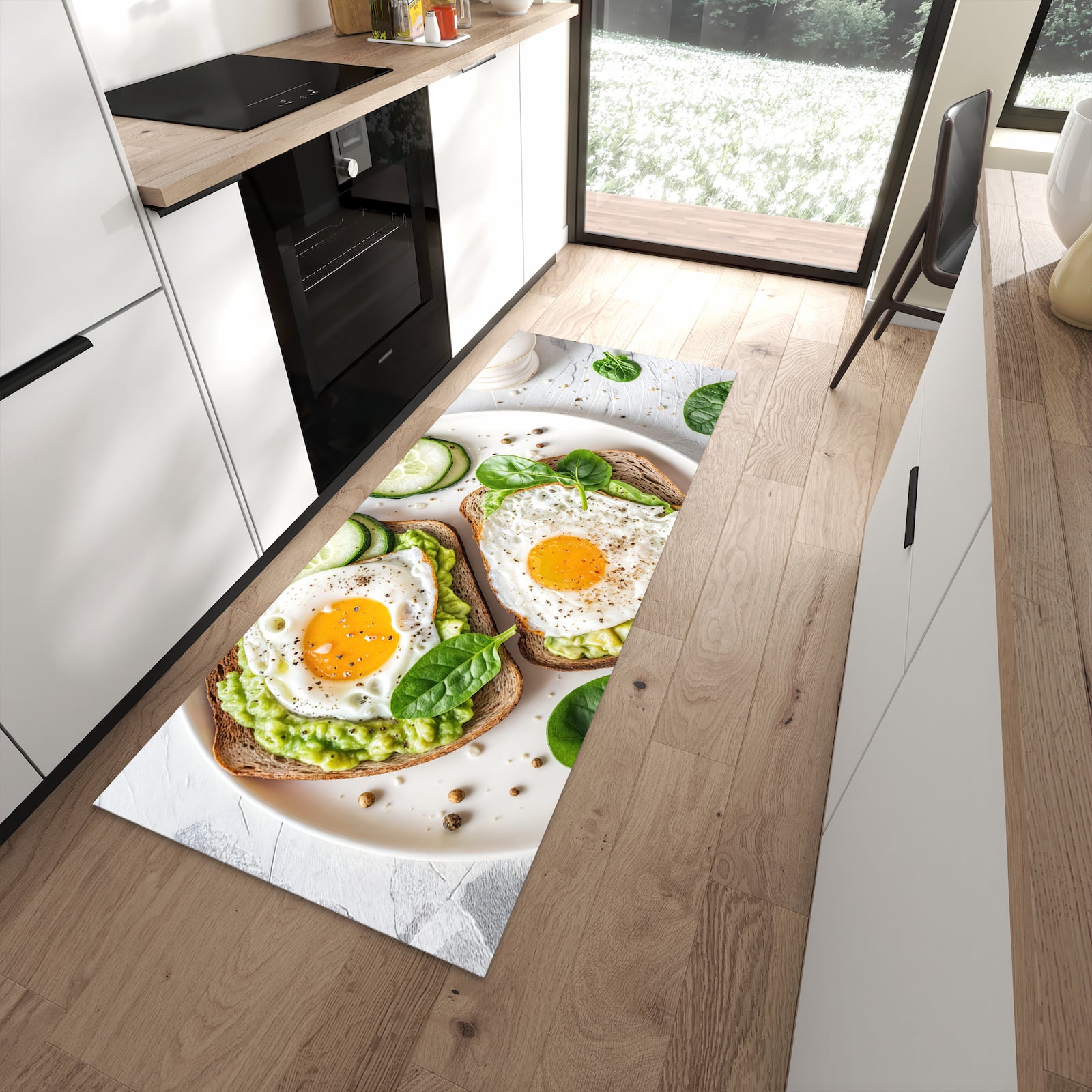 Feuchtigkeitsresistenter waschbarer Küchenläufer mit Motiv Brot und Avocado in moderner Küche