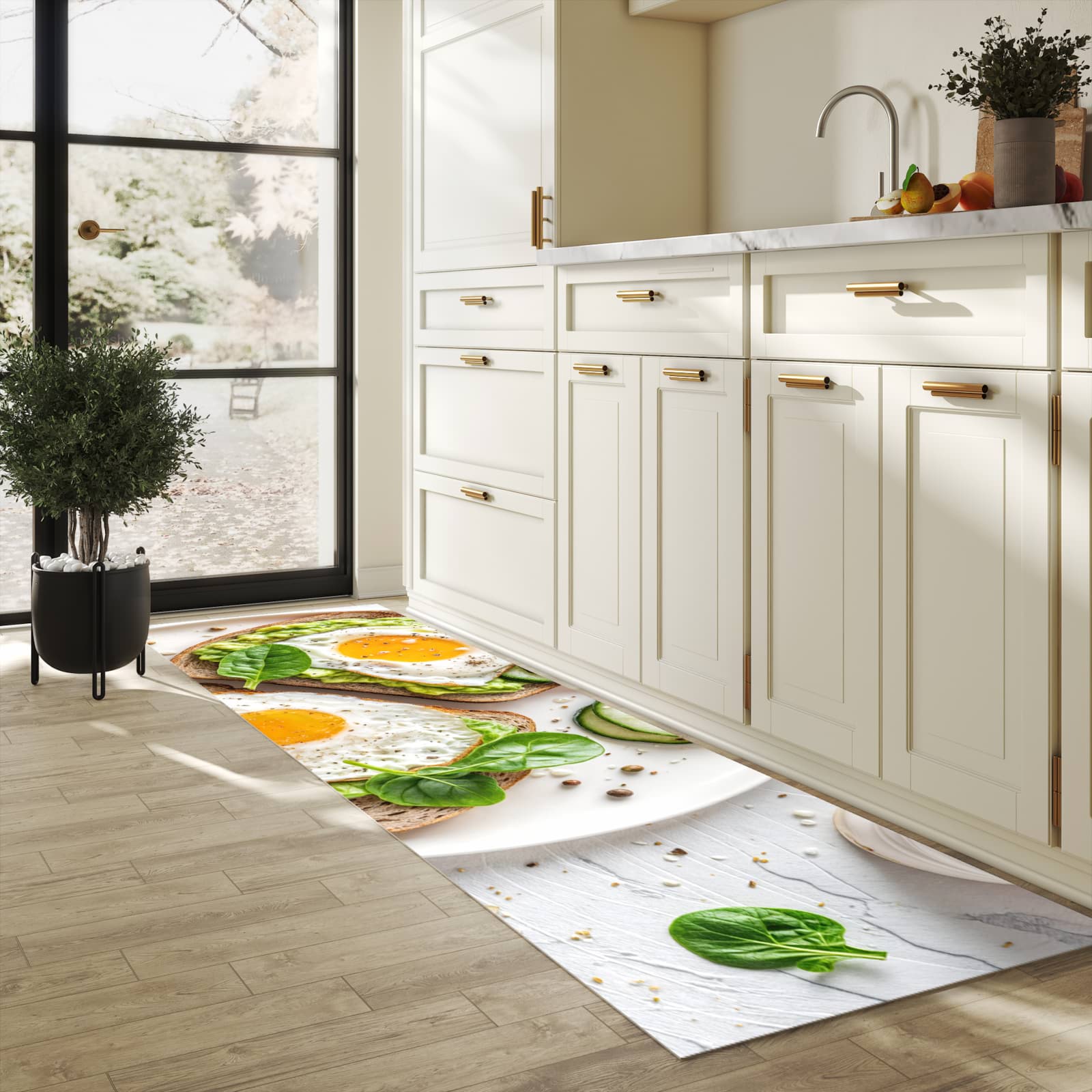 Farbbeständiger waschbarer Küchenteppich mit Motiv Brot und Avocado in heller Küche