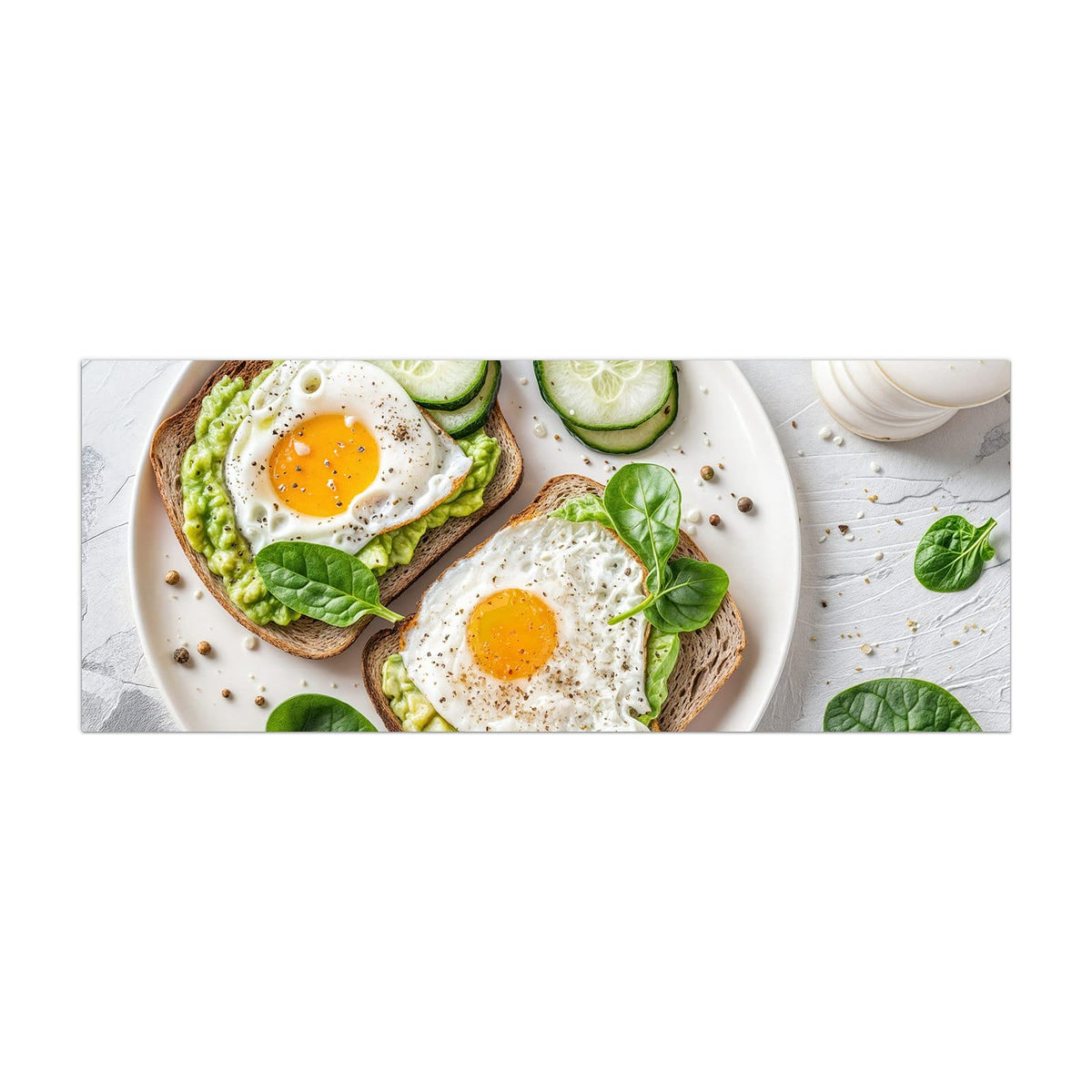 Küchenrückwand aus Glas Brot und Avocado im Hochformat, Motiv bildfüllend von vorn