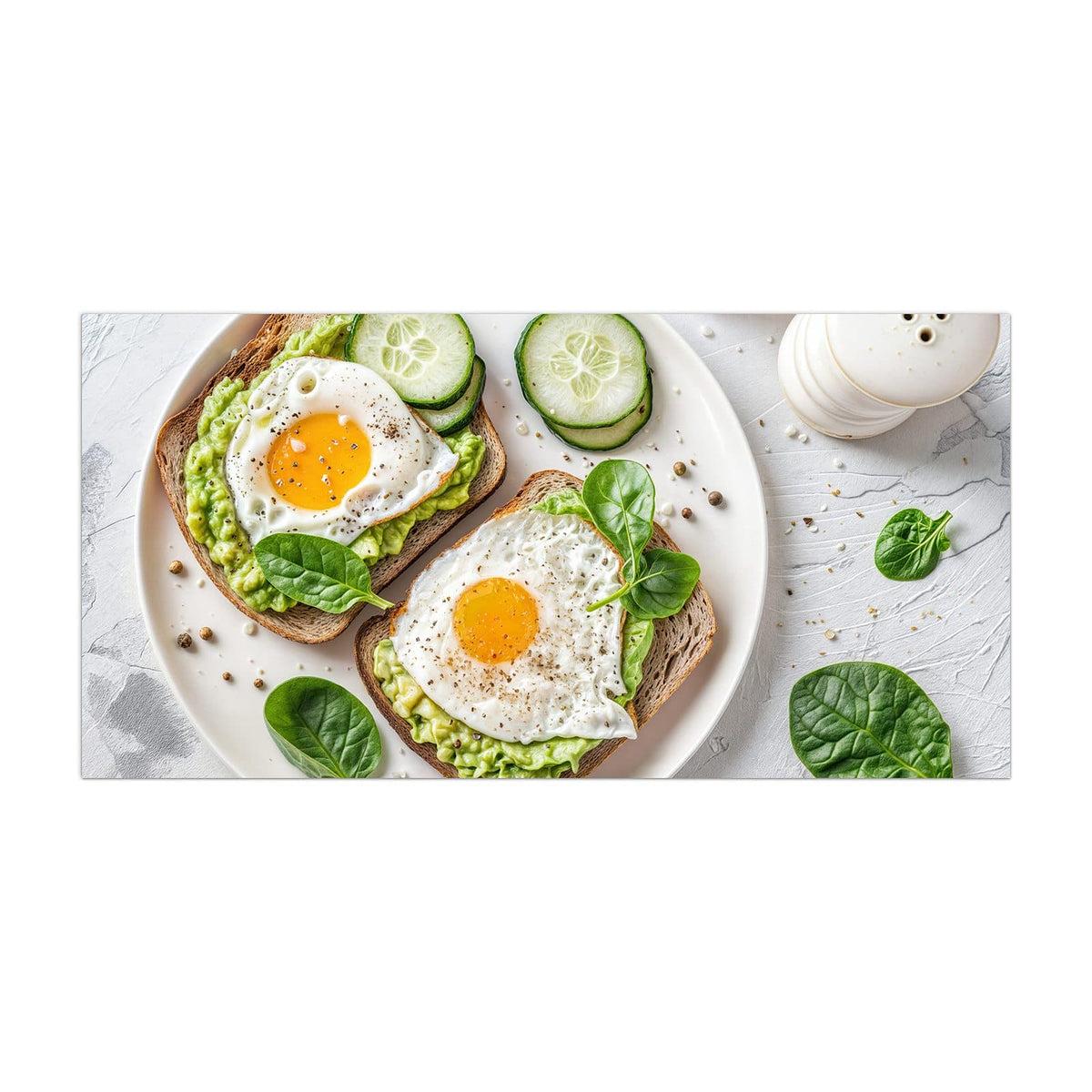 Küchenrückwand aus Glas Brot und Avocado im Hochformat, Motiv bildfüllend von vorn
