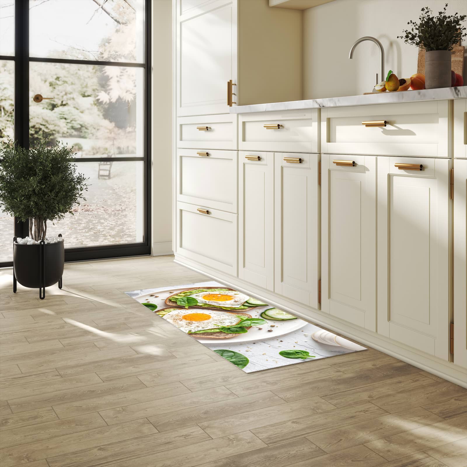 Hygienischer rutschfester Küchenteppich mit Motiv Brot und Avocado in heller Küche
