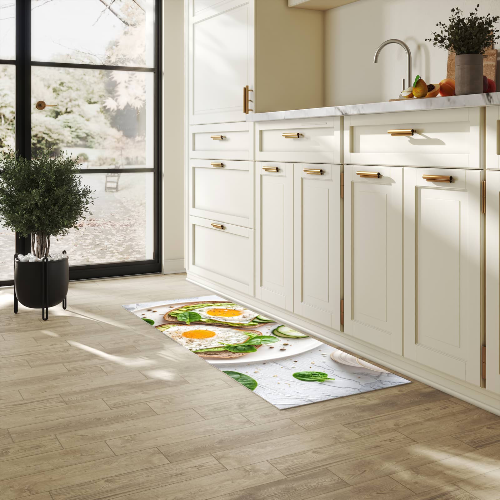 Strapazierfähiger Bodenläufer mit Motiv Brot und Avocado in heller Küche