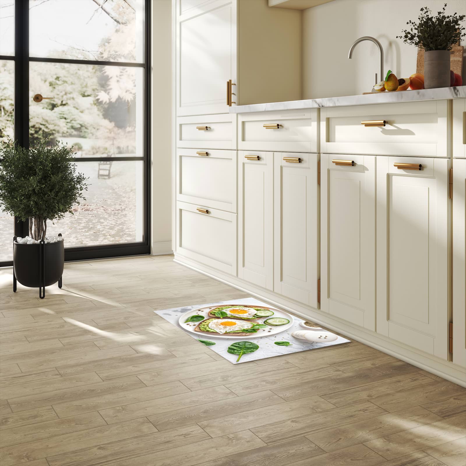 Feuchtigkeitsresistenter Küchenteppich mit Motiv Brot und Avocado in heller Küche
