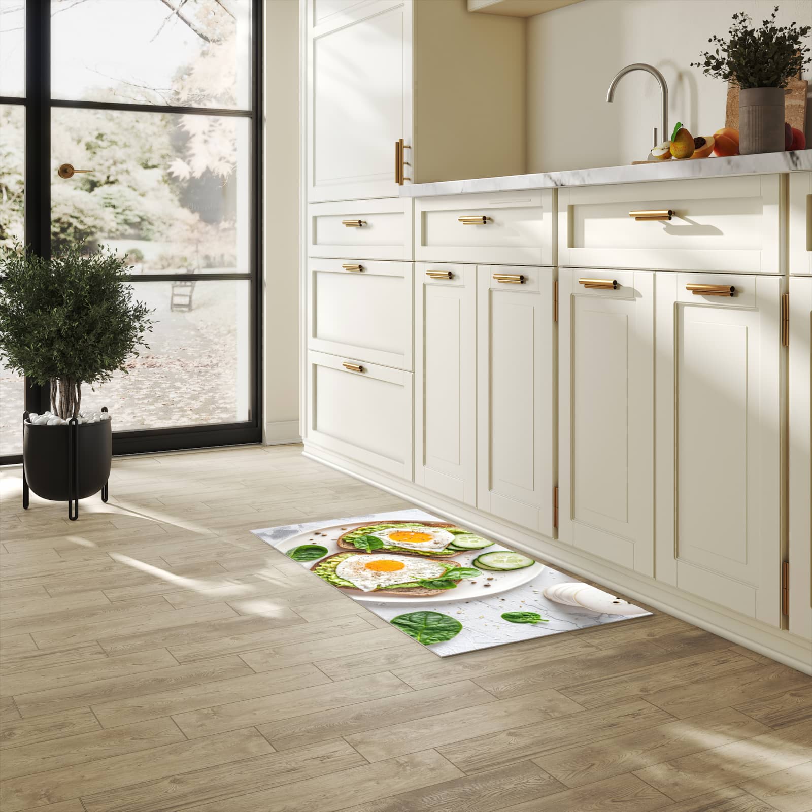 Küchenteppich mit angenehmer Haptik und Motiv Brot und Avocado in heller Küche, waschbar