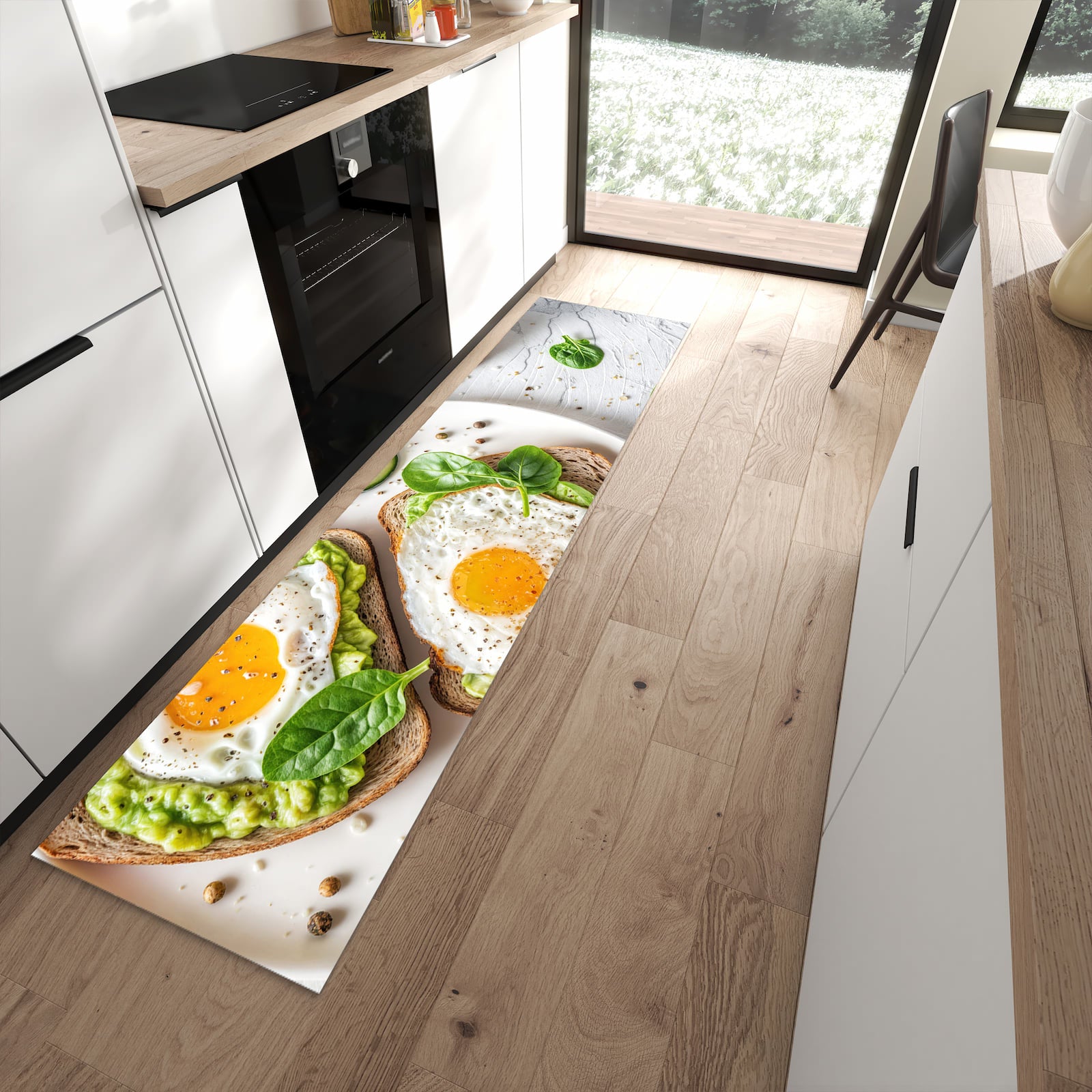 Strapazierfähiger Küchenläufer mit Motiv Brot und Avocado in moderner Küche