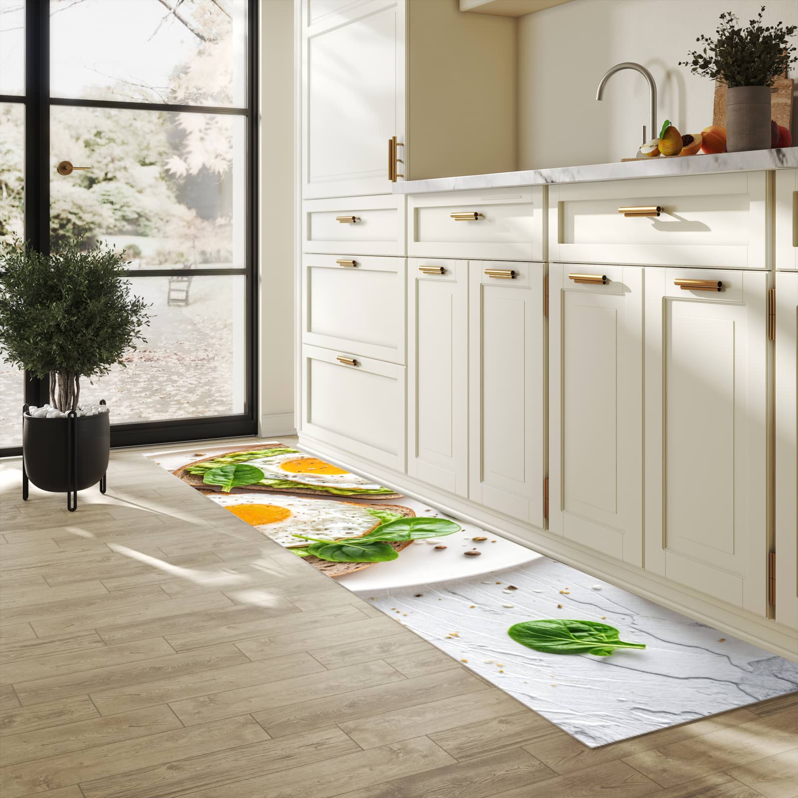 Rutschfester Küchenteppich mit Motiv Brot und Avocado in heller Küche
