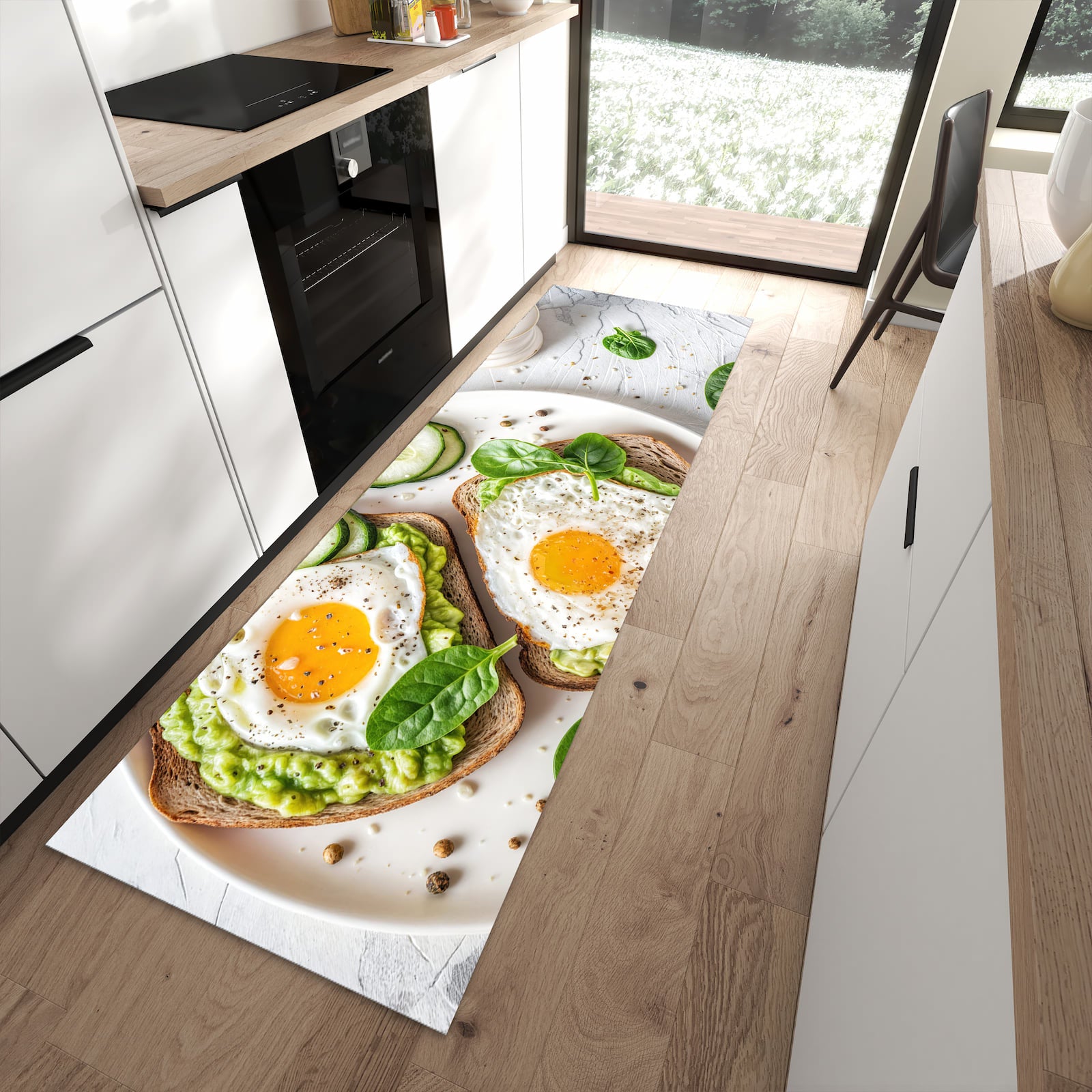 Bodenschonender rutschfester Küchenläufer mit Motiv Brot und Avocado in moderner Küche