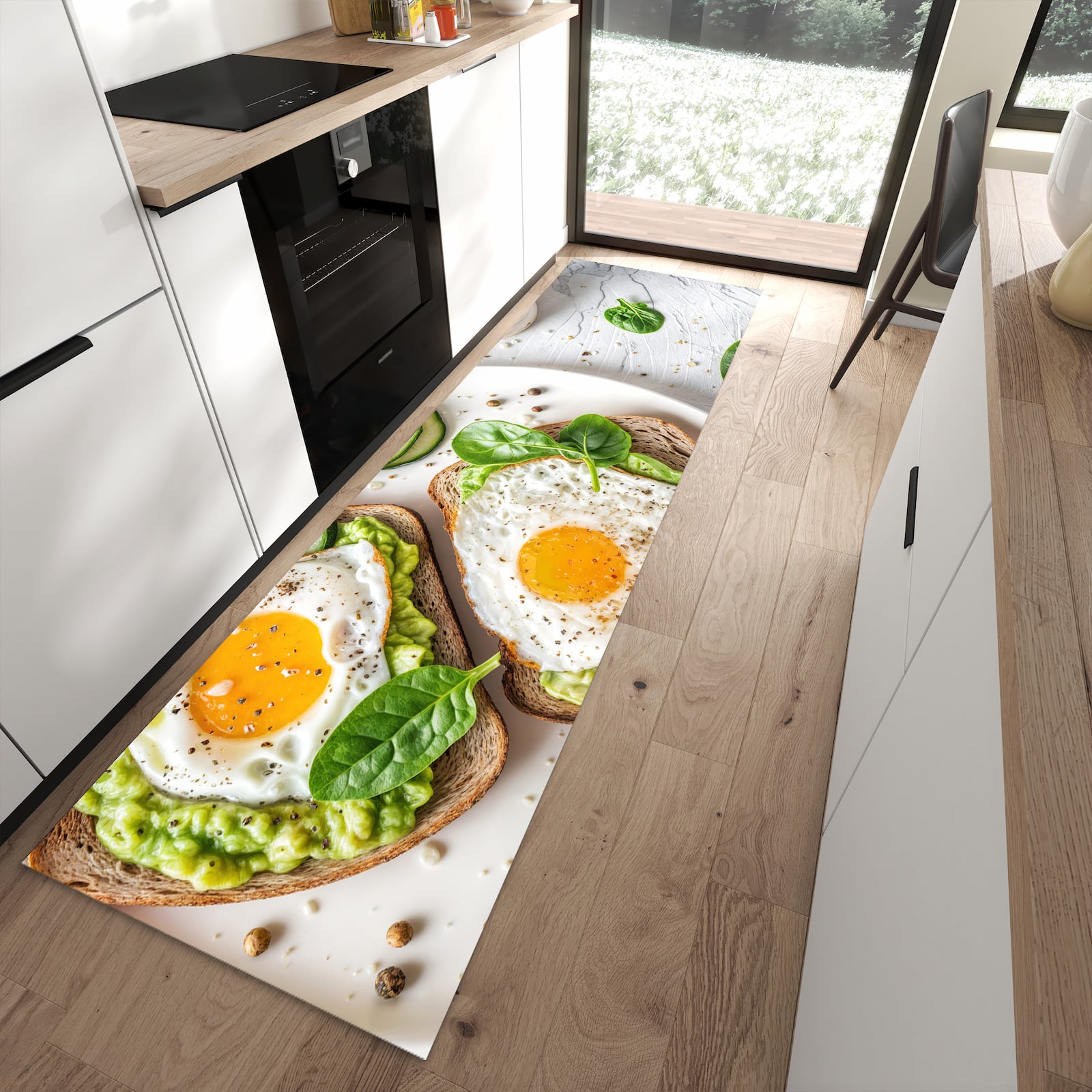 Ordnungsschaffender Küchenläufer mit Motiv Brot und Avocado in moderner Küche