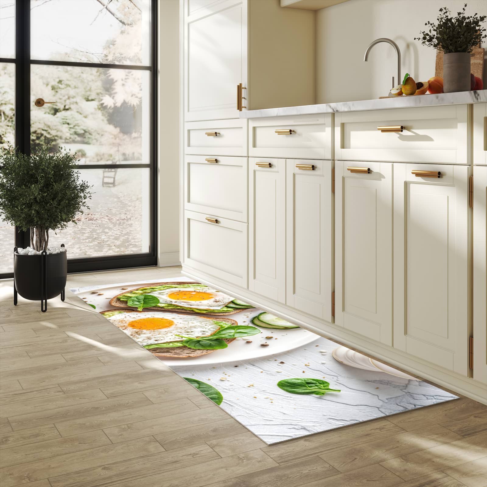 Küchenteppich mit Motiv Brot und Avocado für Ordnung in heller Küche