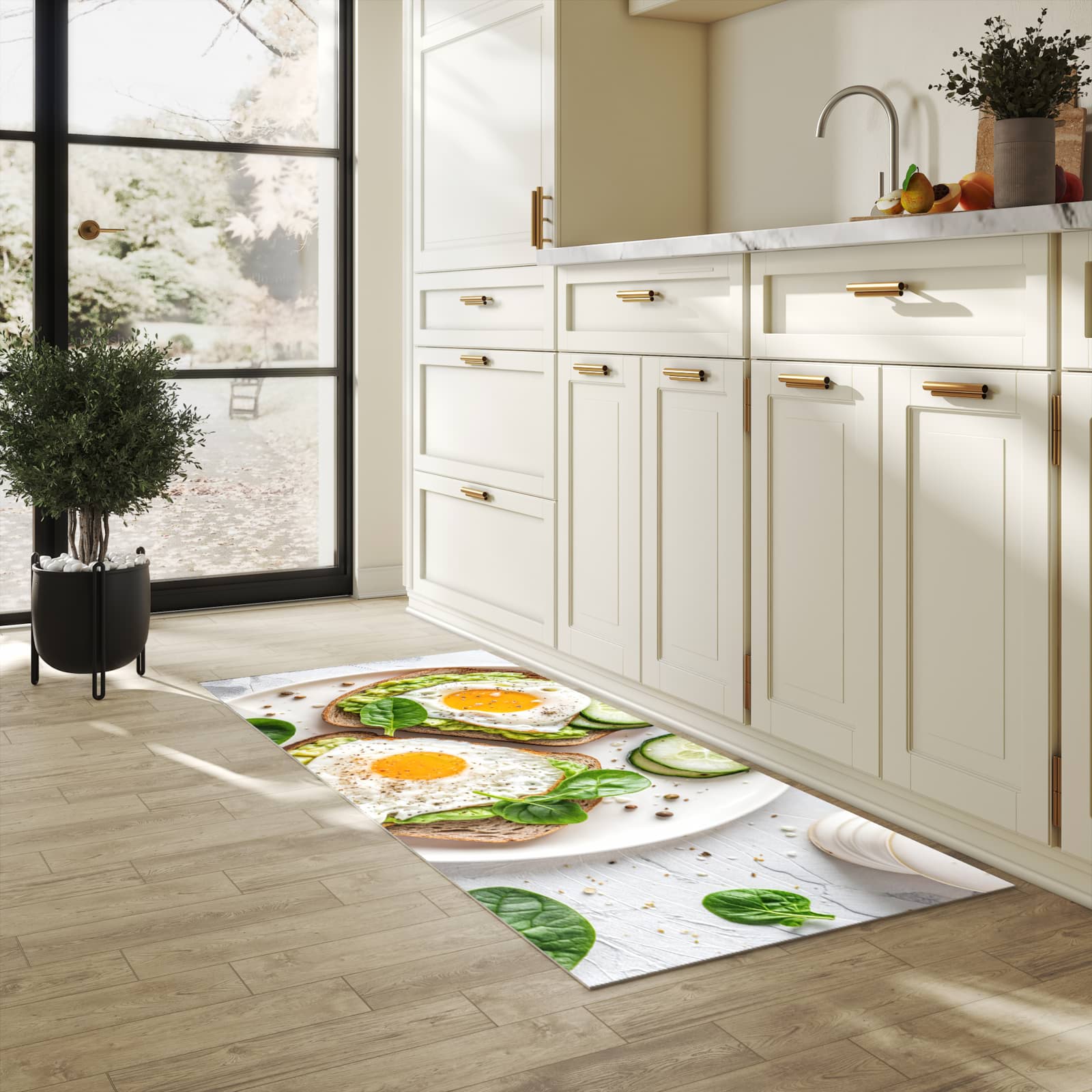 Rutschfester Küchenteppich mit Motiv Brot und Avocado in heller Küche schützt den Boden