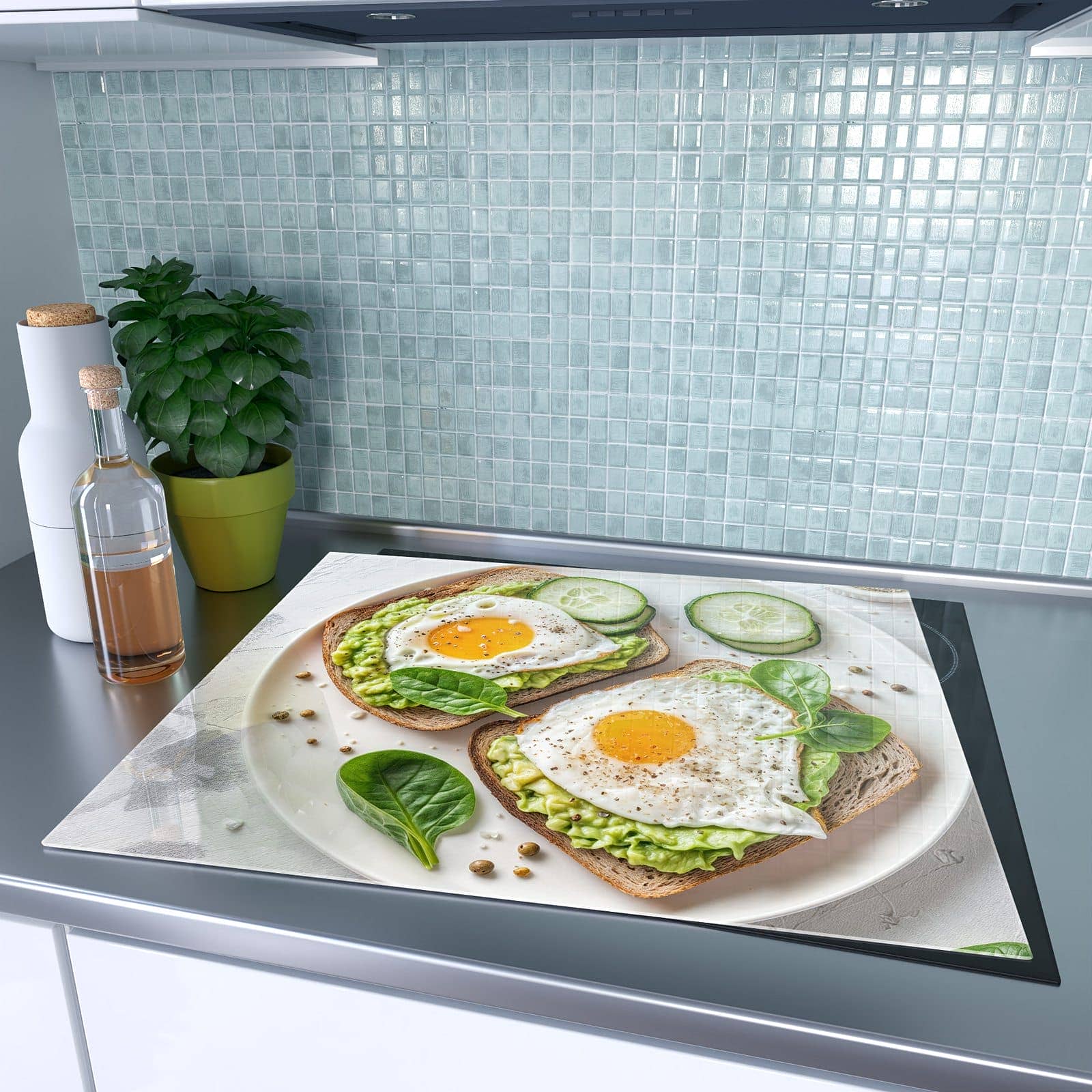 1-teilige Herdabdeckplatte mit Brot und Avocado-Motiv auf dem Ceranfeld