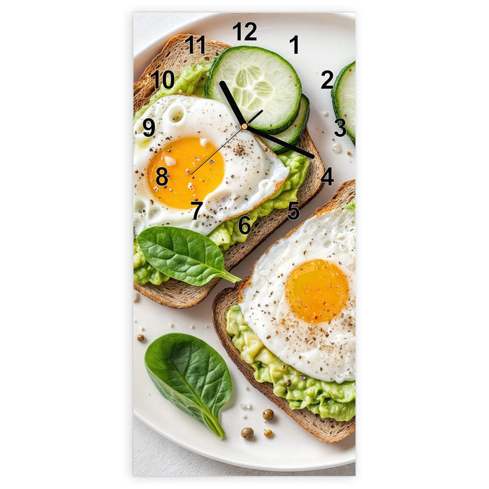 Wanduhr Brot und Avocado aus Glas – Hochformat 30 × 60 cm mit Ziffernblatt Modern