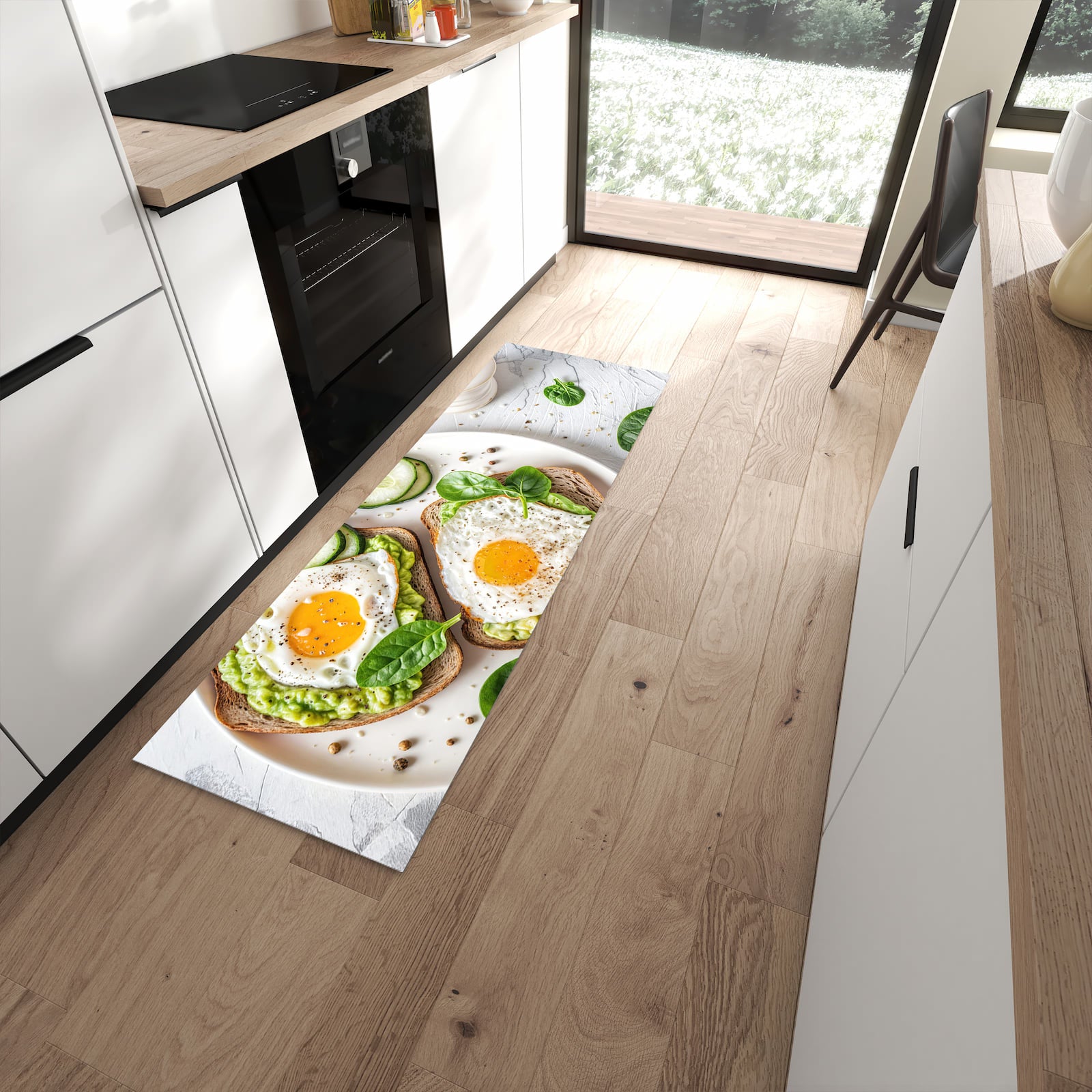 Hygienischer Küchenläufer mit Motiv Brot und Avocado in moderner Küche