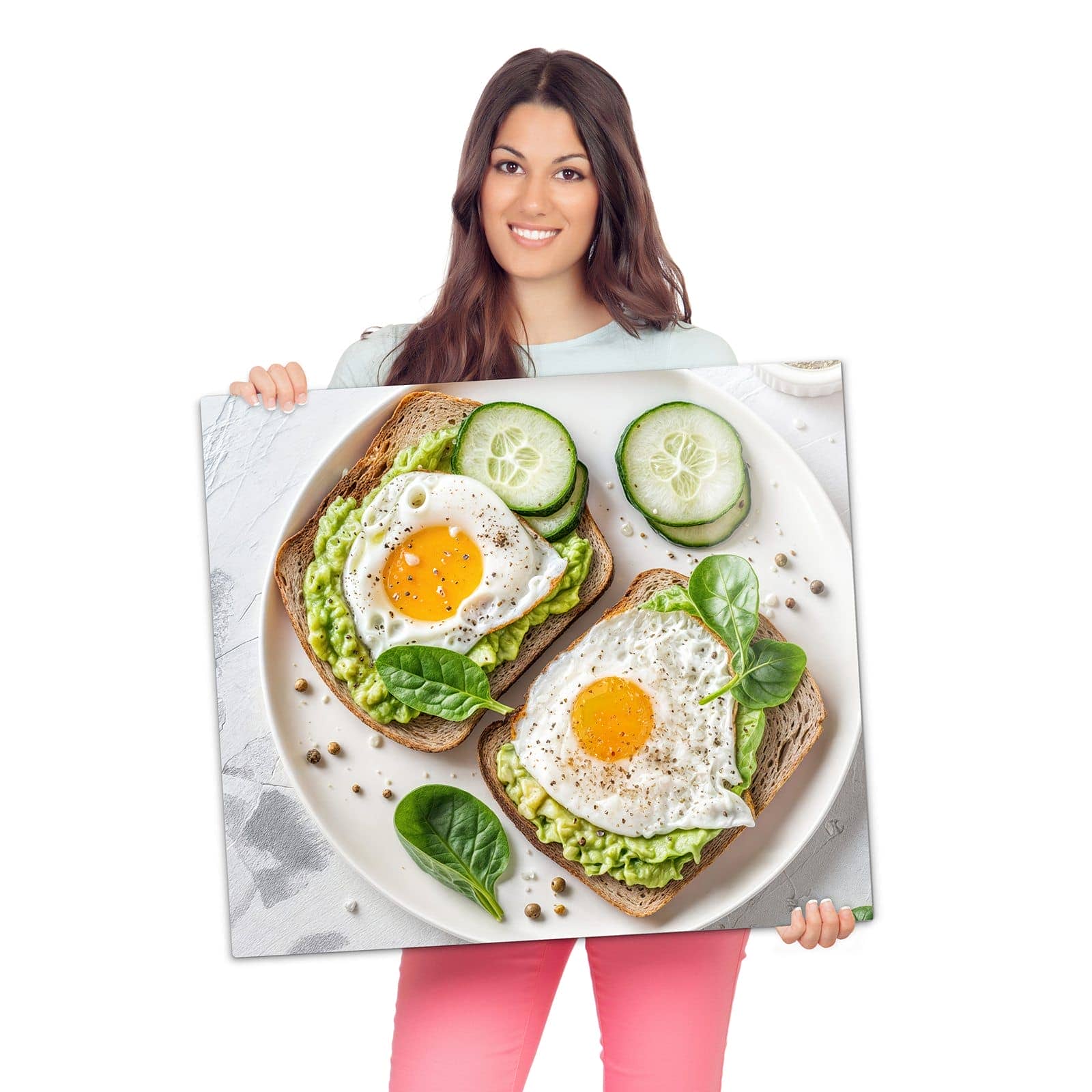 1-teilige Herdabdeckplatte mit Brot und Avocado-Motiv wird zur Größendarstellung gehalten