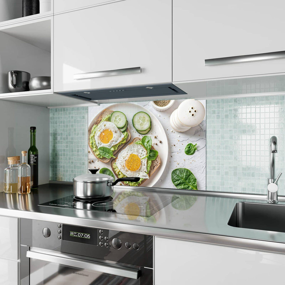 Küchenrückwand aus Glas Brot und Avocado im Hochformat als Spritzschutz hinter dem Kochfeld, über dem Fliesenspiegel montiert