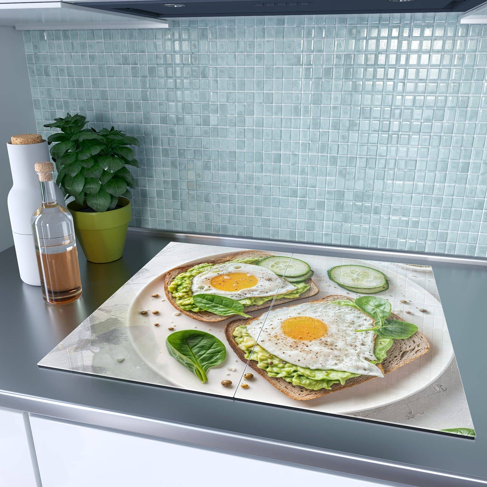 2-teilige Herdabdeckplatte mit Brot und Avocado-Motiv auf dem Ceranfeld