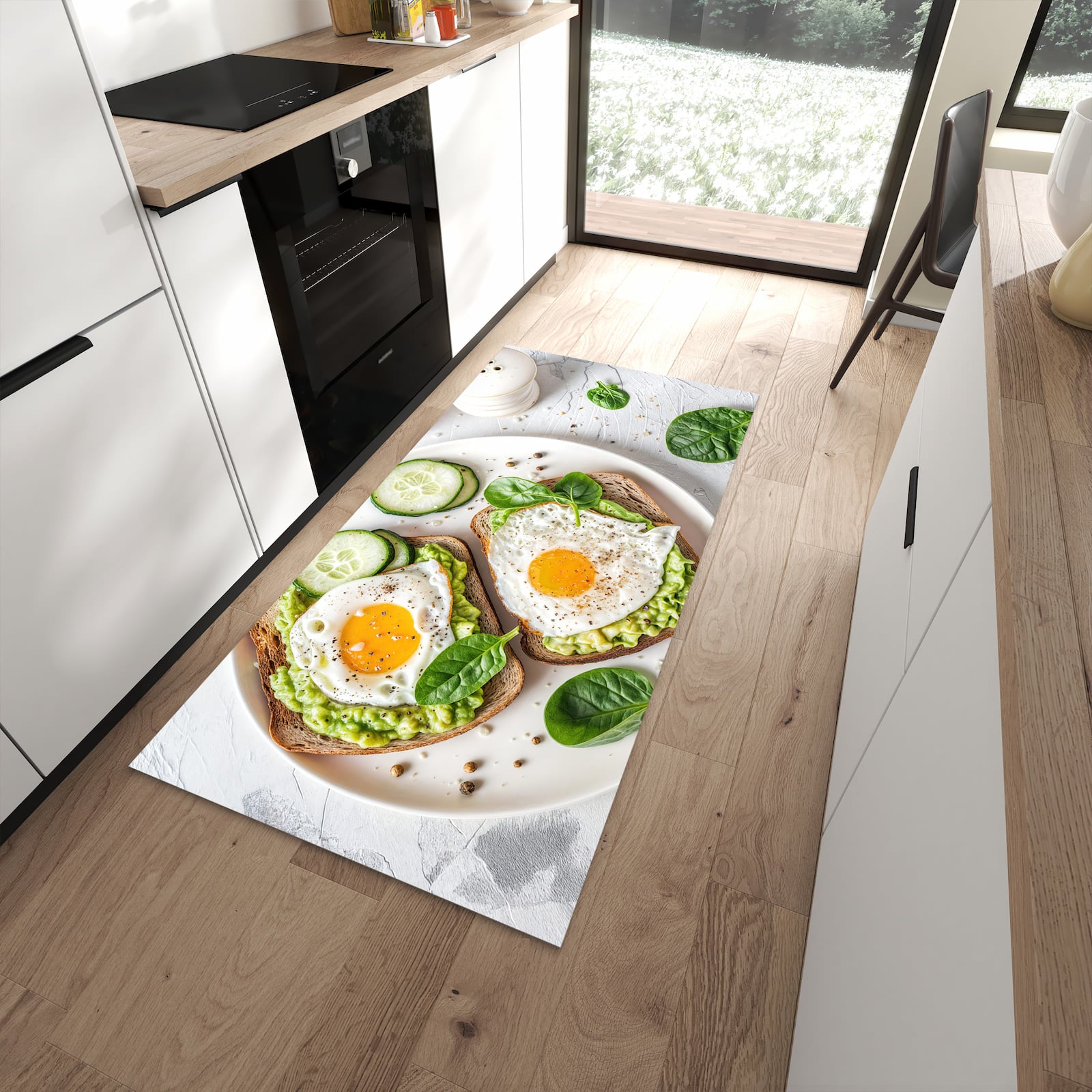 Farbbeständiger Küchenläufer mit Motiv Brot und Avocado in moderner Küche zum Waschen