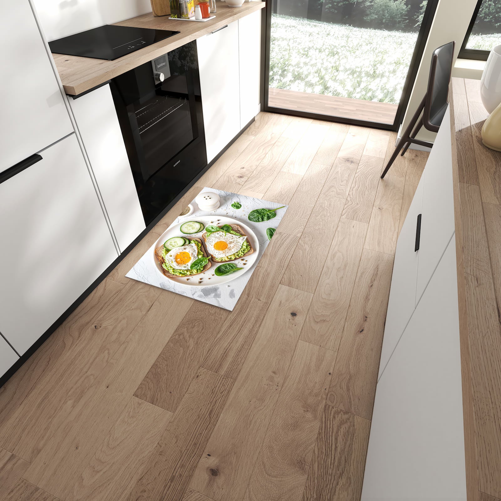 Rutschfester Küchenläufer mit Motiv Brot und Avocado in moderner Küche