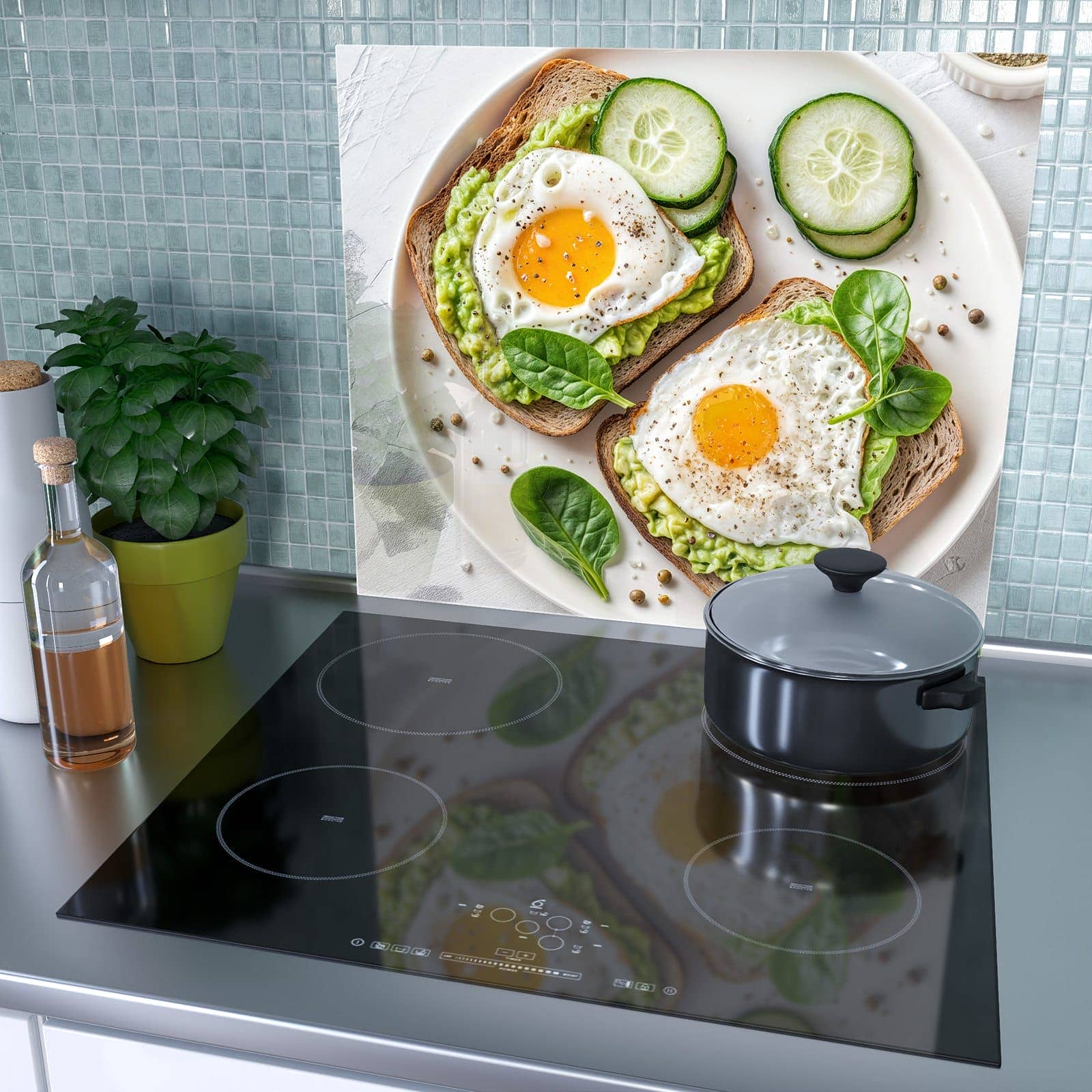 1-teilige Herdabdeckplatte für Ceranfeld mit Brot und Avocado-Motiv als Spritzschutz