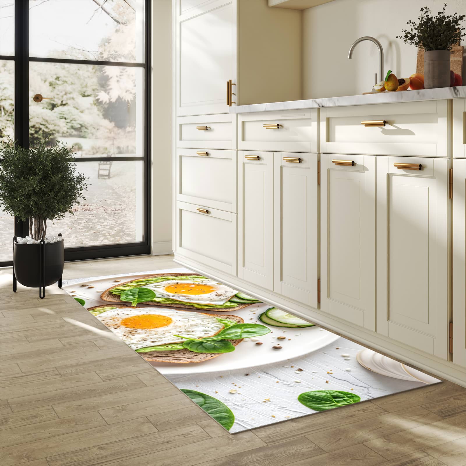 Rutschfester Küchenteppich mit Motiv Brot und Avocado in heller Küche für sicheren Stand