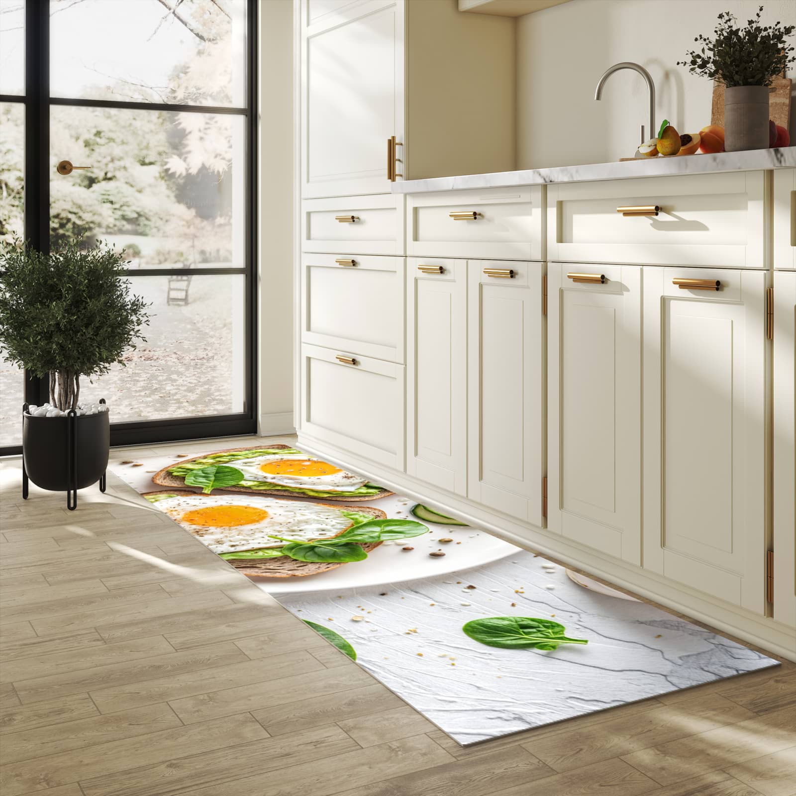 Bodenschonender waschbarer Küchenteppich mit Motiv Brot und Avocado in heller Küche