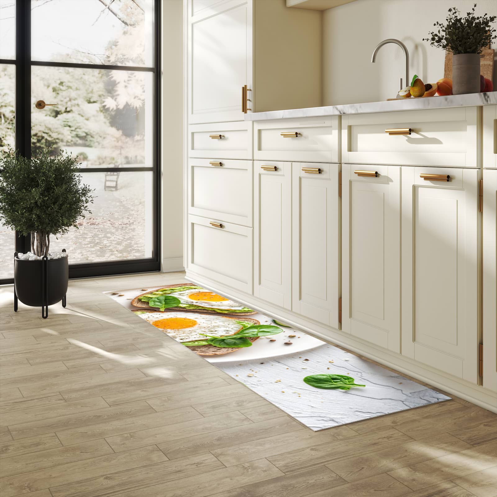 Waschbarer Bodenläufer Teppich mit Motiv Brot und Avocado in heller Küche