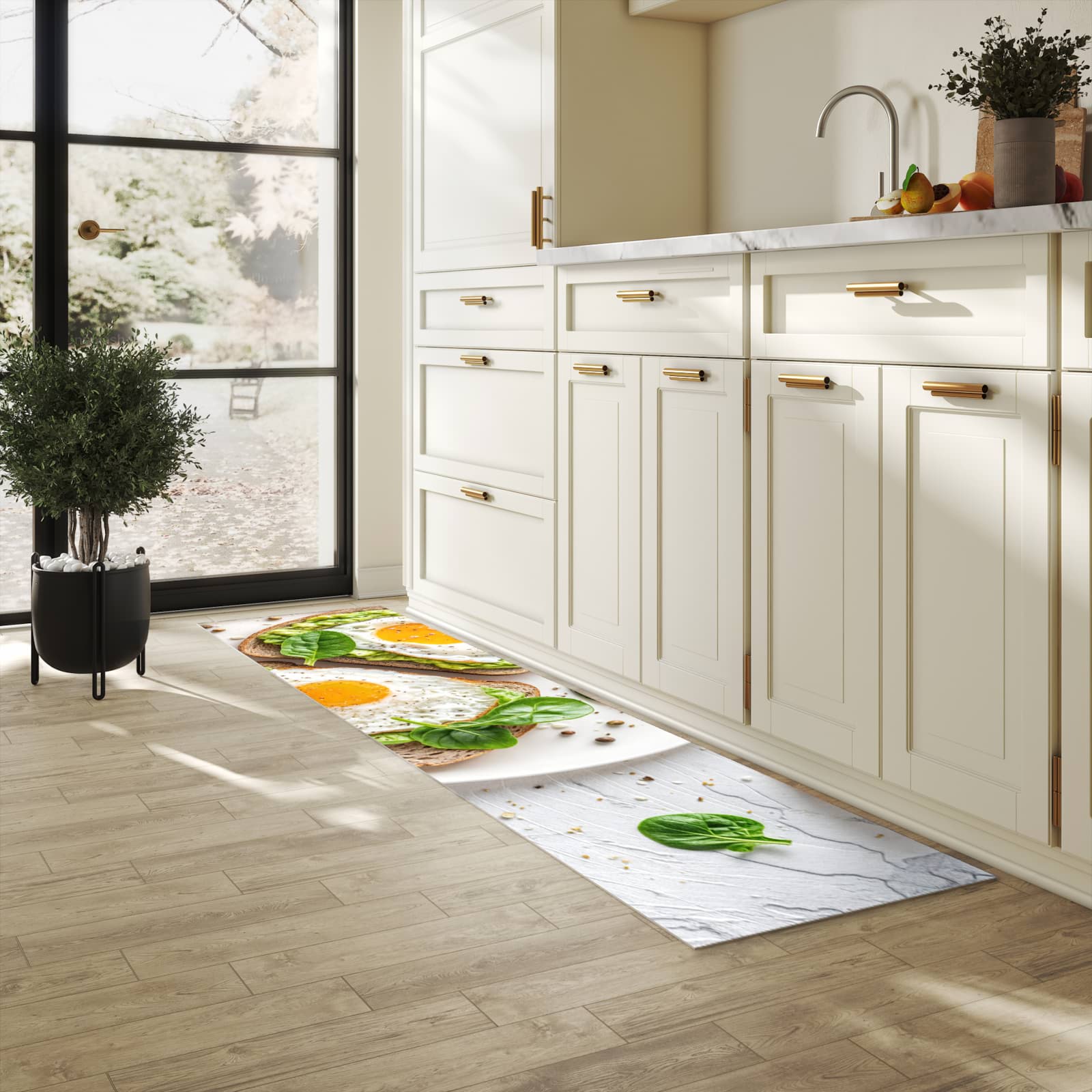 Langlebiger Küchenteppich mit Motiv Brot und Avocado in heller Küche