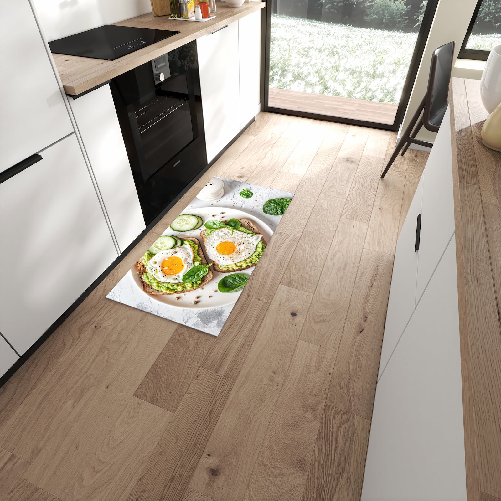 Waschbarer Küchenteppich mit Motiv Brot und Avocado in moderner Küche #grösse_60 x 120 cm