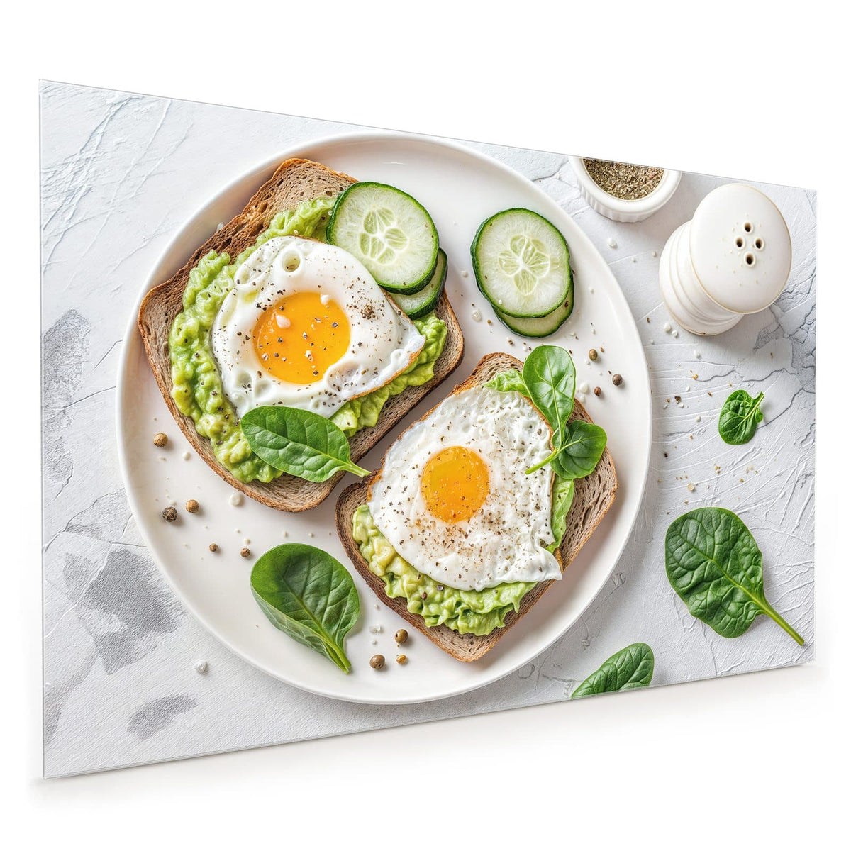 Küchenrückwand aus Glas im Hochformat mit Motiv Brot und Avocado: Zwei Vollkornbrote mit Avocadocreme und Spiegelei, Gurke und Spinat auf weißem Teller