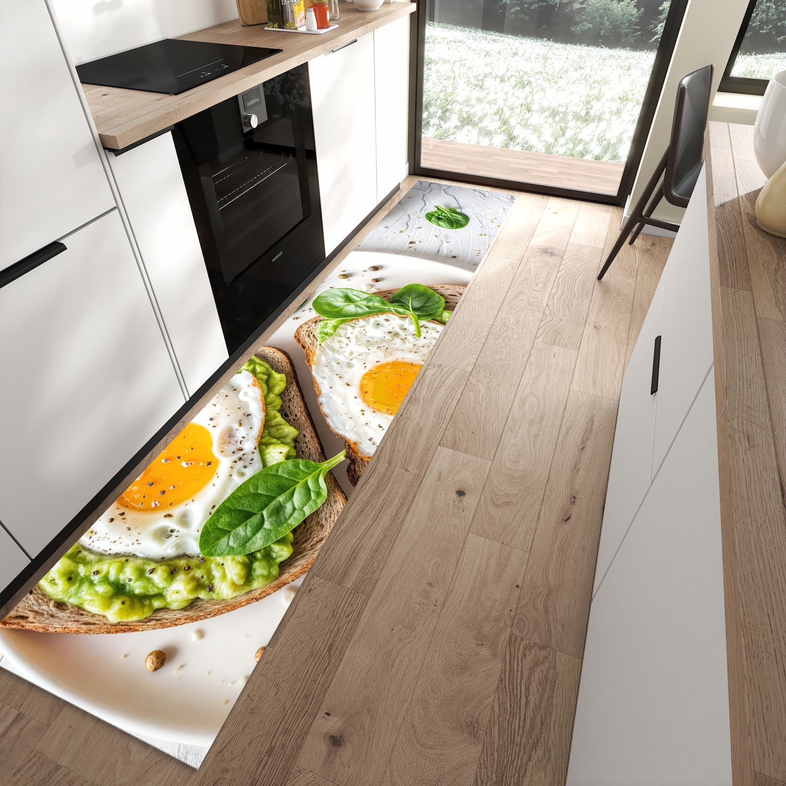 Langlebiger rutschfester Küchenläufer mit Motiv Brot und Avocado in moderner Küche