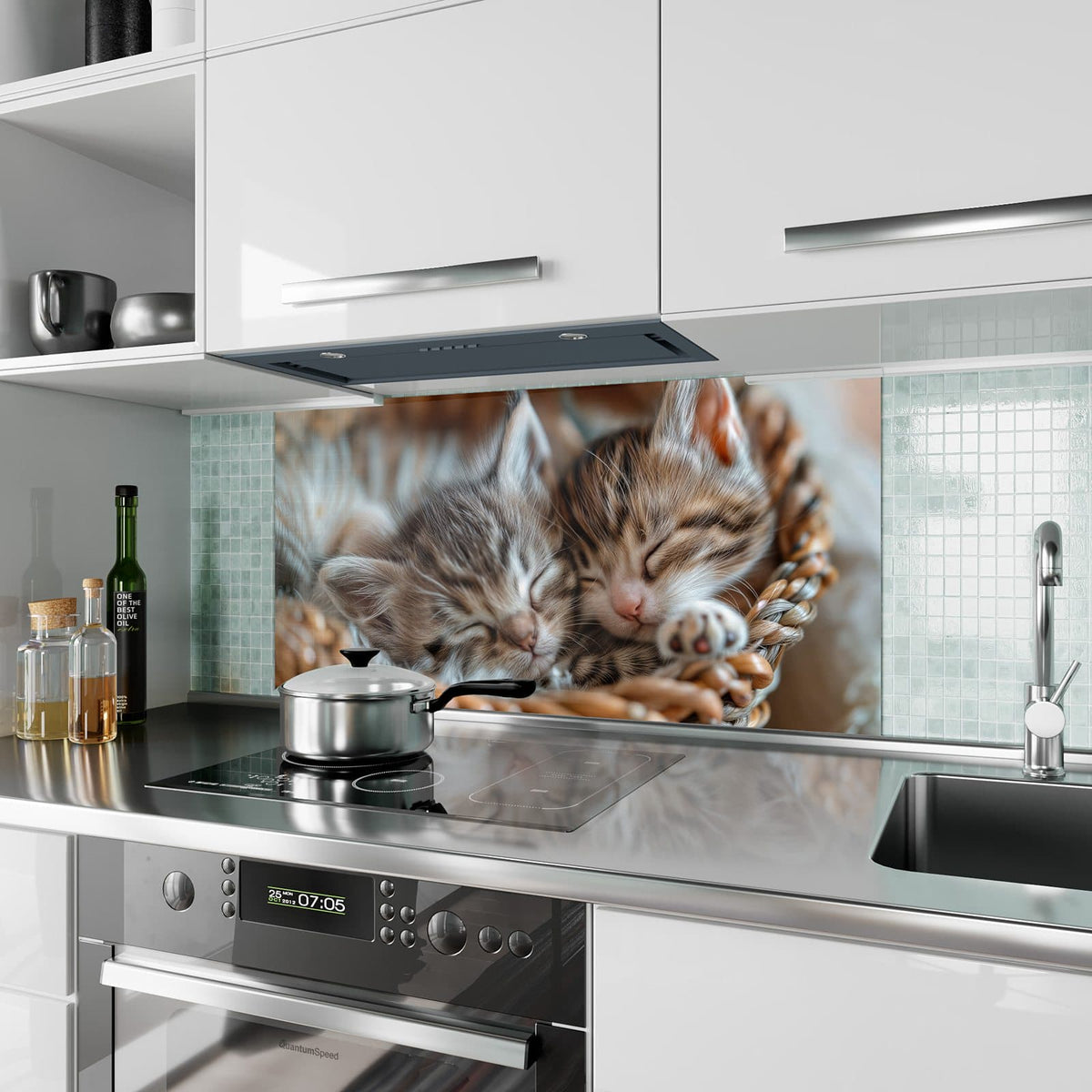 Küchenrückwand aus Glas Kätzchen im Korb im Hochformat als Spritzschutz hinter dem Kochfeld, über dem Fliesenspiegel montiert