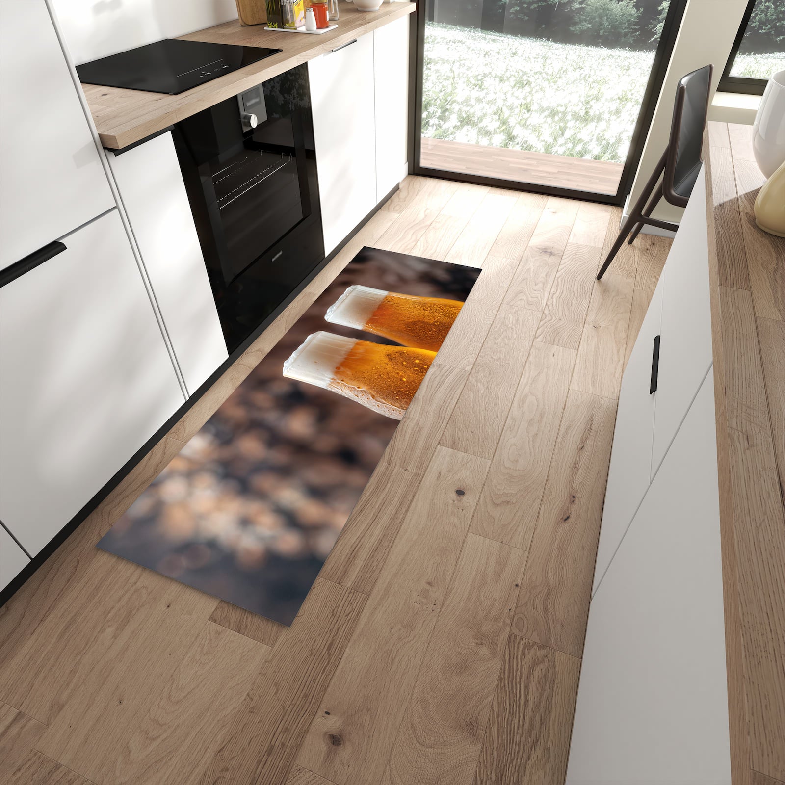 Waschbarer Küchenläufer mit Motiv Bier auf Holz in moderner Küche