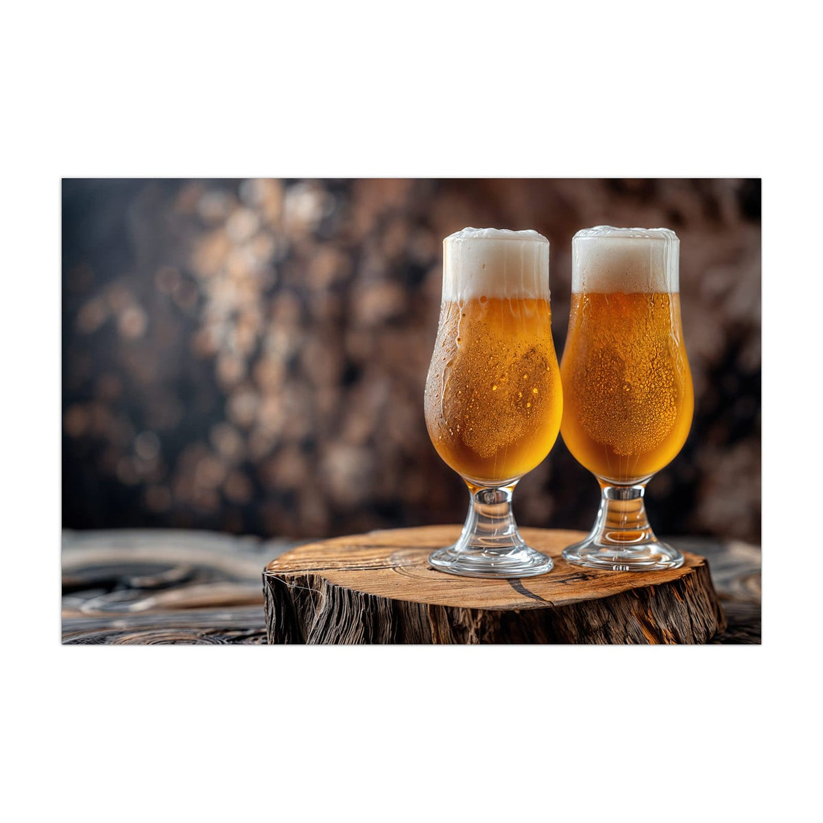 Küchenrückwand aus Glas Bier auf Holzstumpf im Hochformat, Motiv bildfüllend von vorn