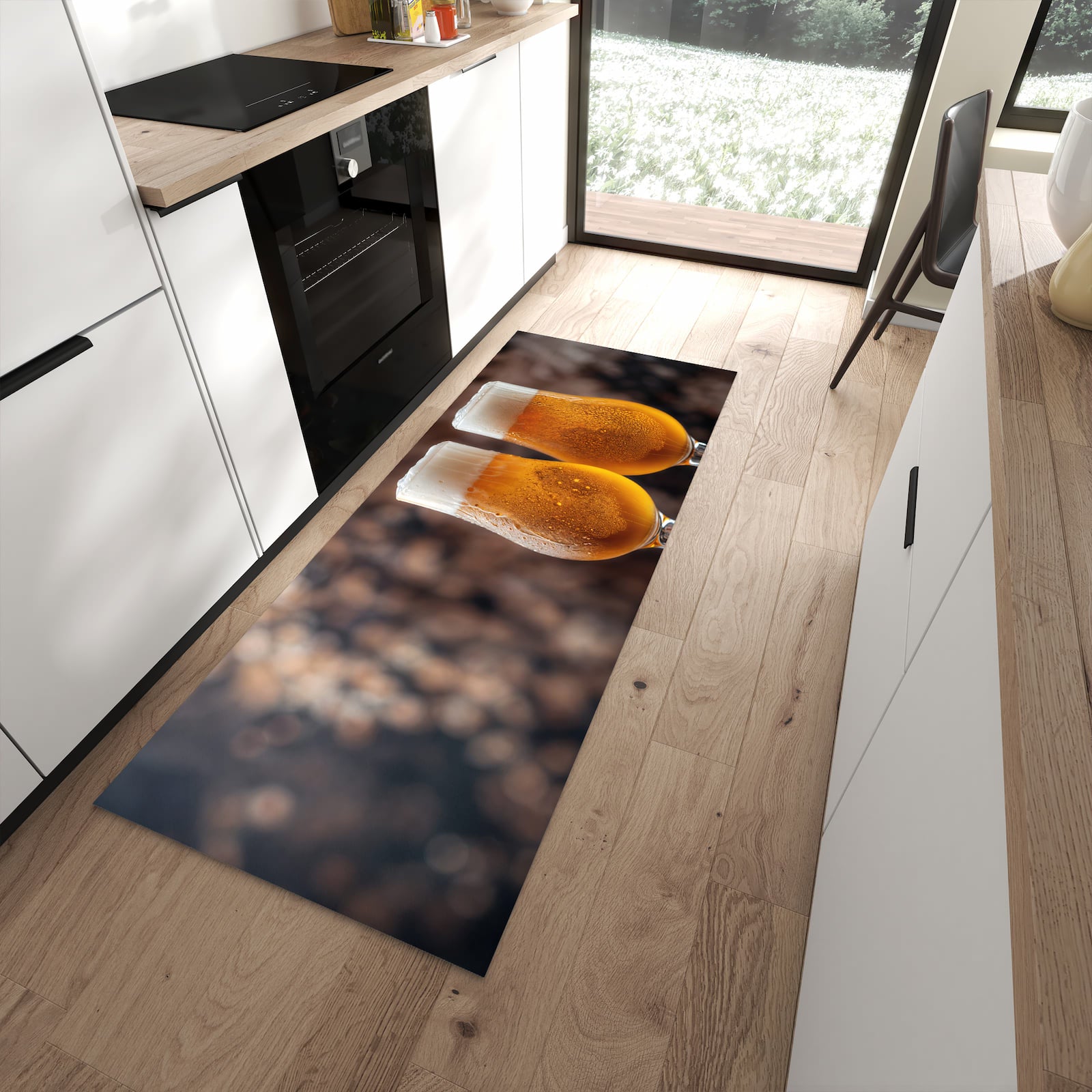 Küchenläufer mit Motiv Bier auf Holz für Ordnung im Eingangsbereich moderner Küche