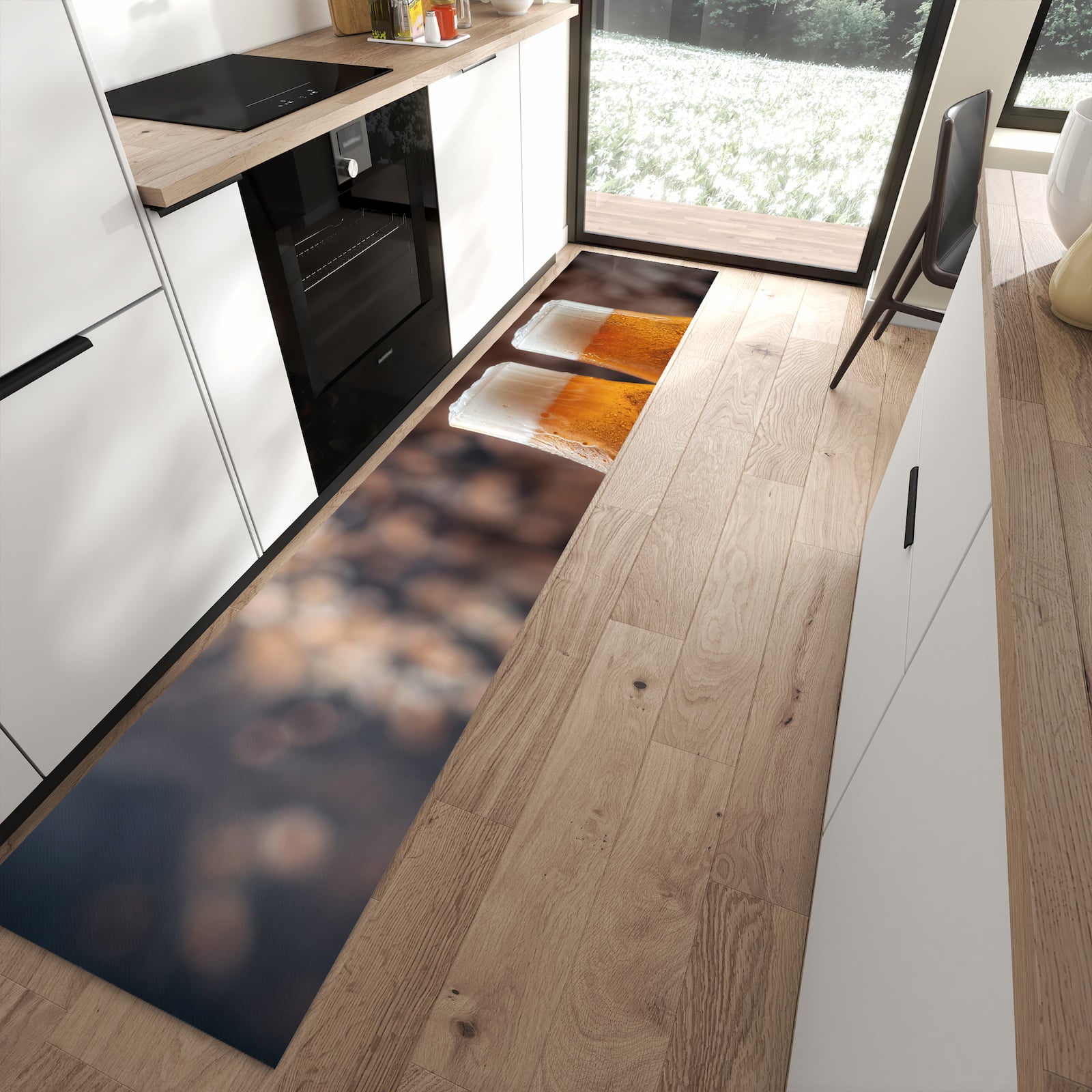 Feuchtigkeitsresistenter waschbarer Küchenläufer mit Motiv Bier auf Holz in moderner Küche