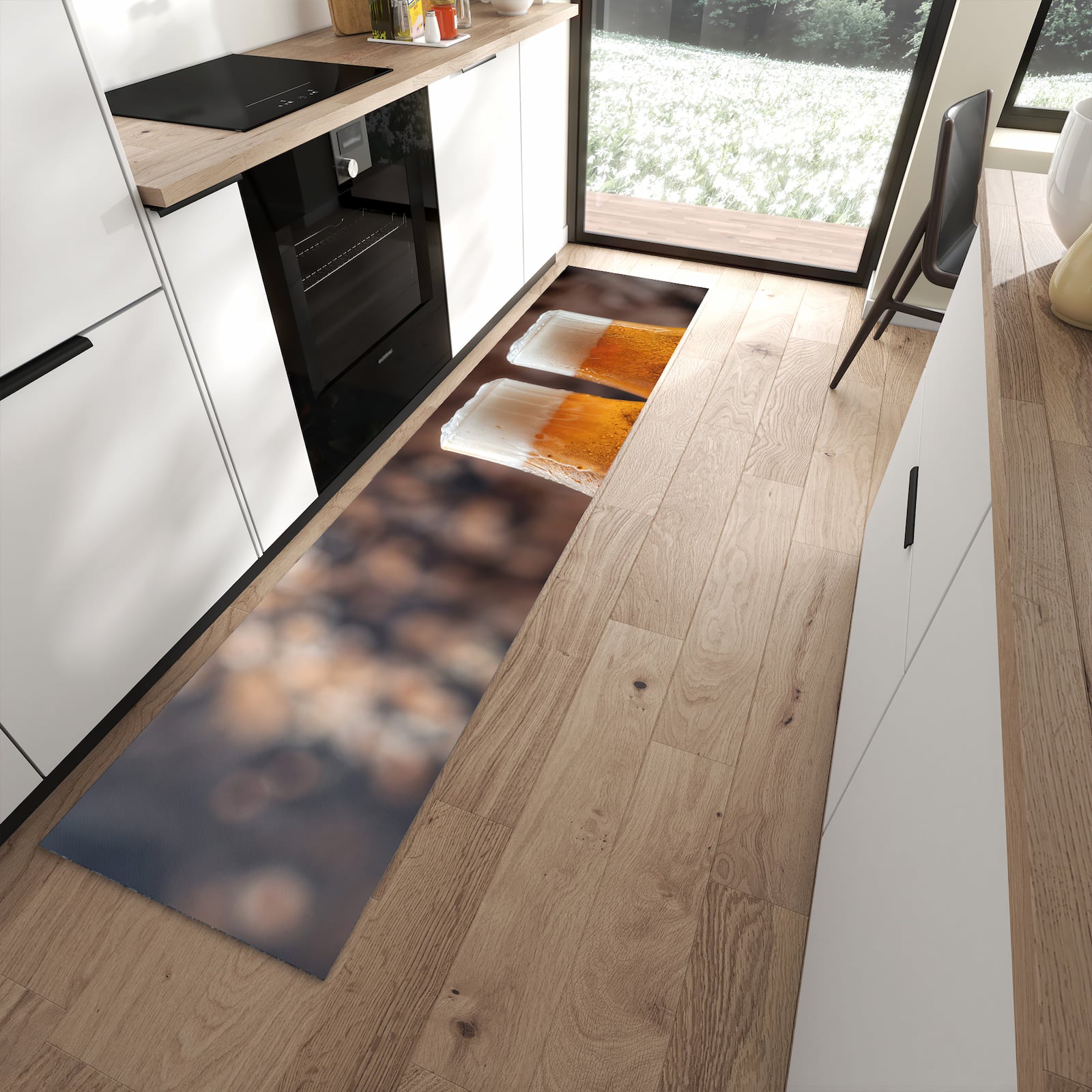 Rutschfester waschbarer Küchenläufer mit Motiv Bier auf Holz in moderner Küche