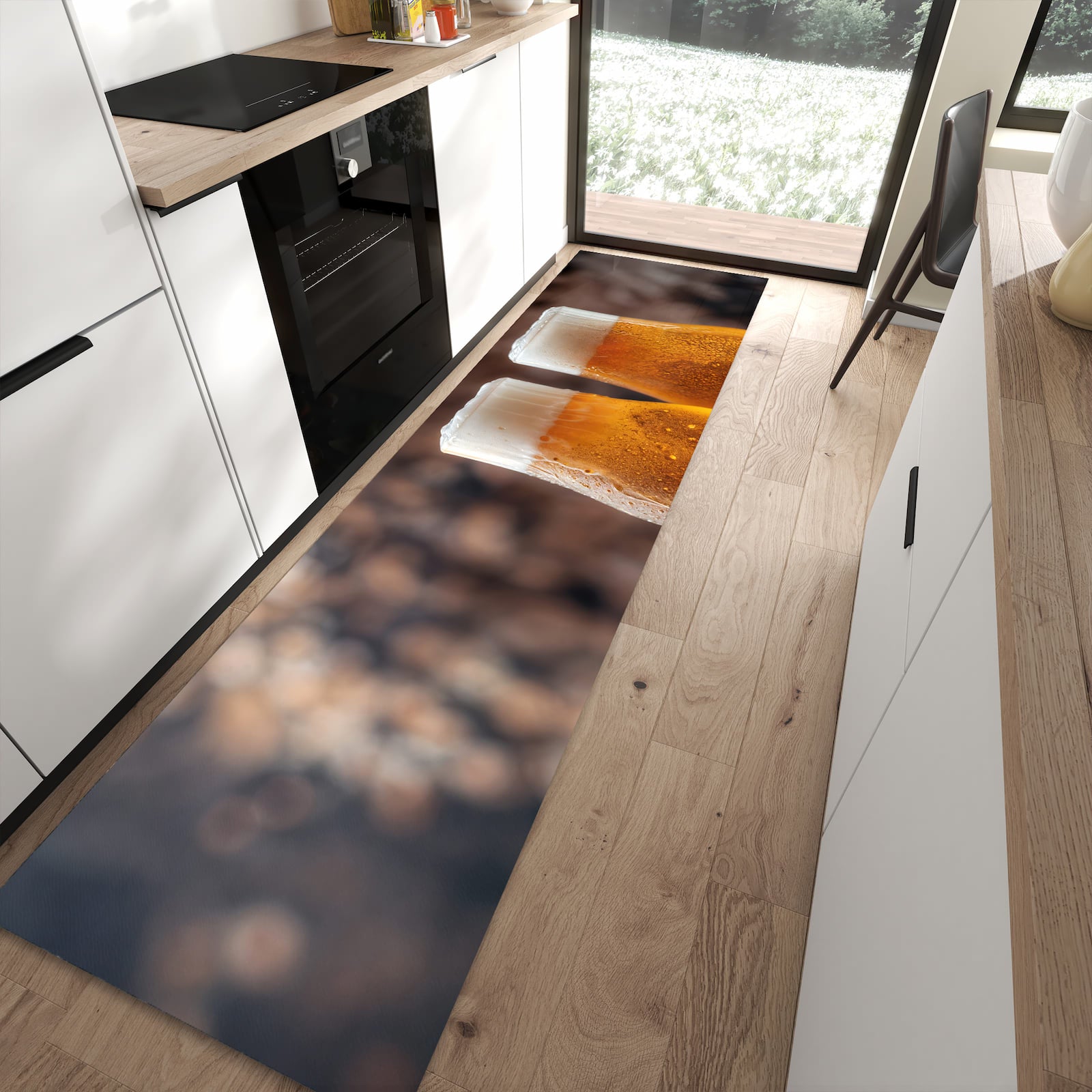 Formstabiler rutschfester Küchenteppich mit Motiv Bier auf Holz in moderner Küche