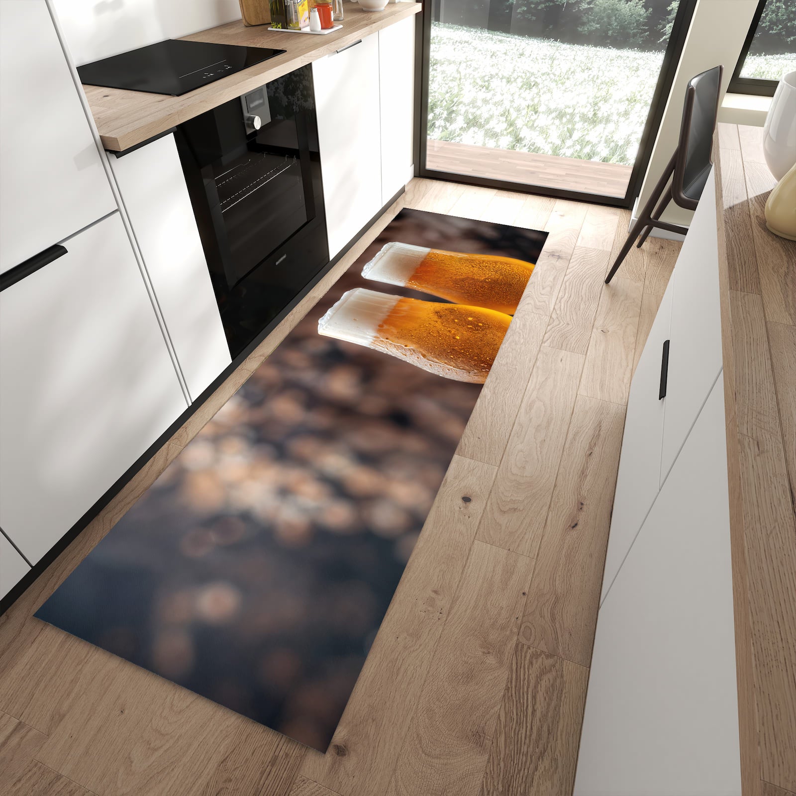 Bodenschonender rutschfester Läufer mit Motiv Bier auf Holz in moderner Küche